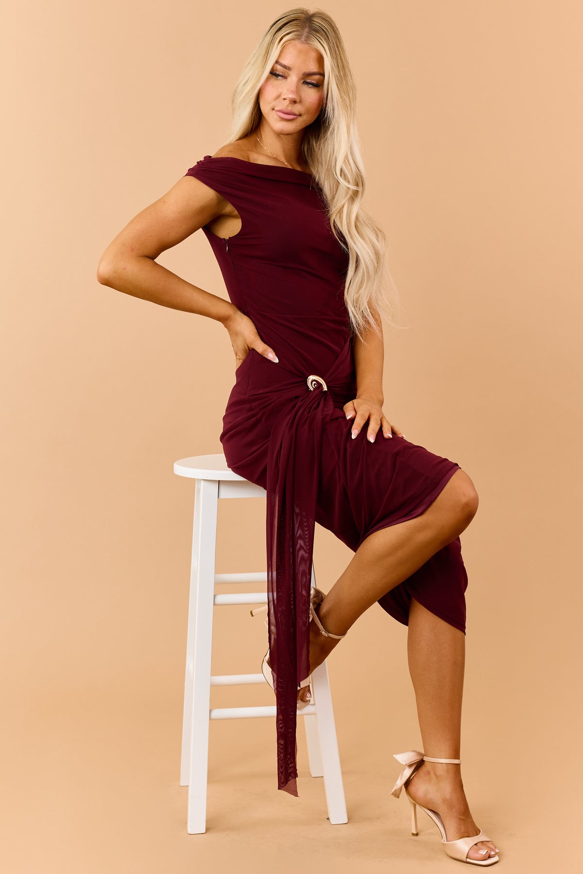Dark Wine Mesh Gold Shell Accent Maxi Dress