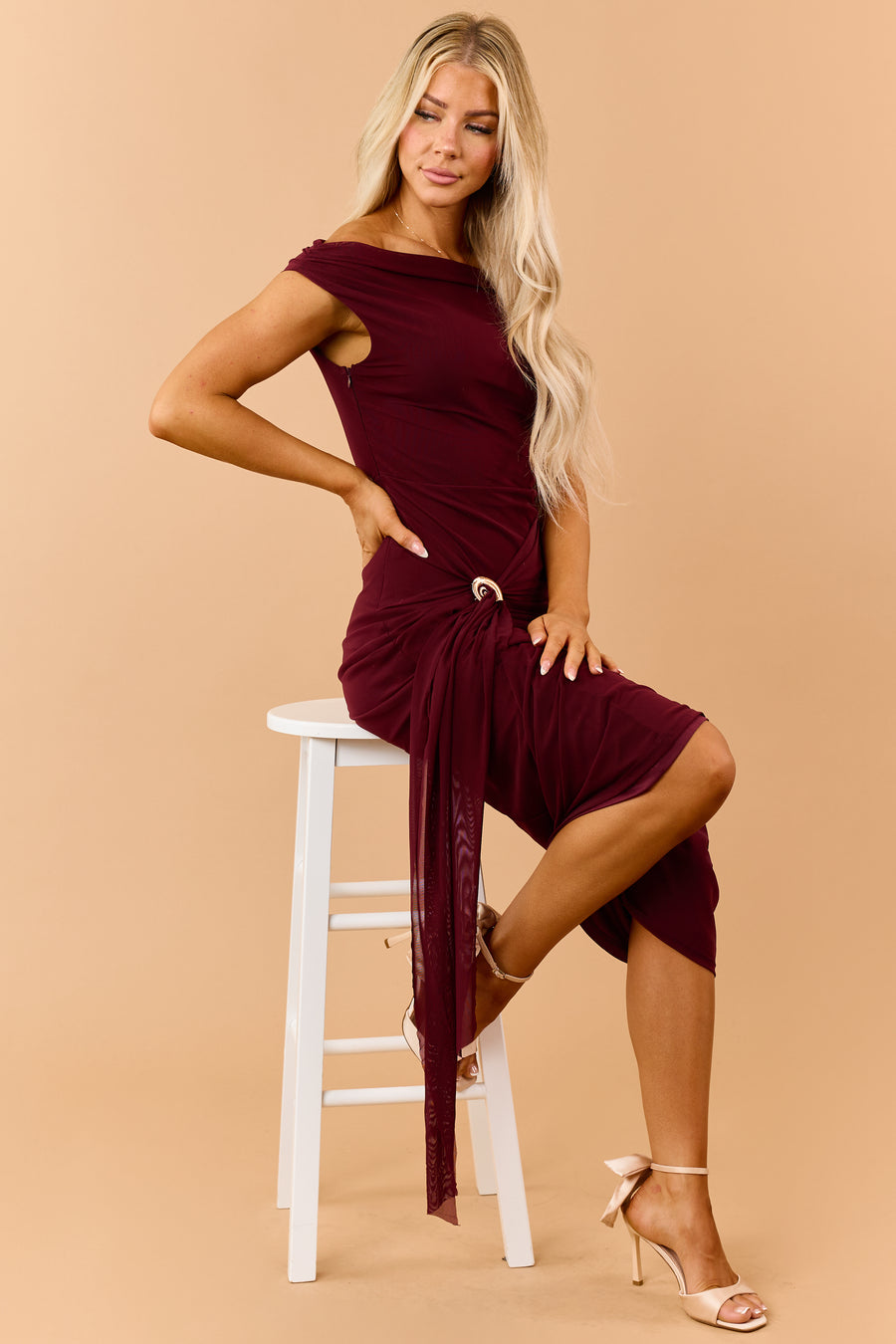 Dark Wine Mesh Gold Shell Accent Maxi Dress