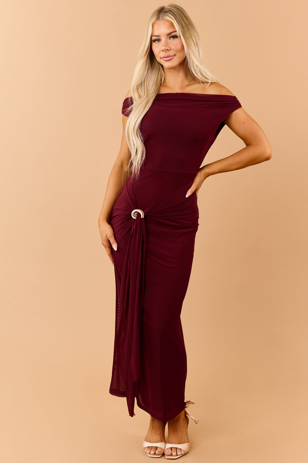 Dark Wine Mesh Gold Shell Accent Maxi Dress