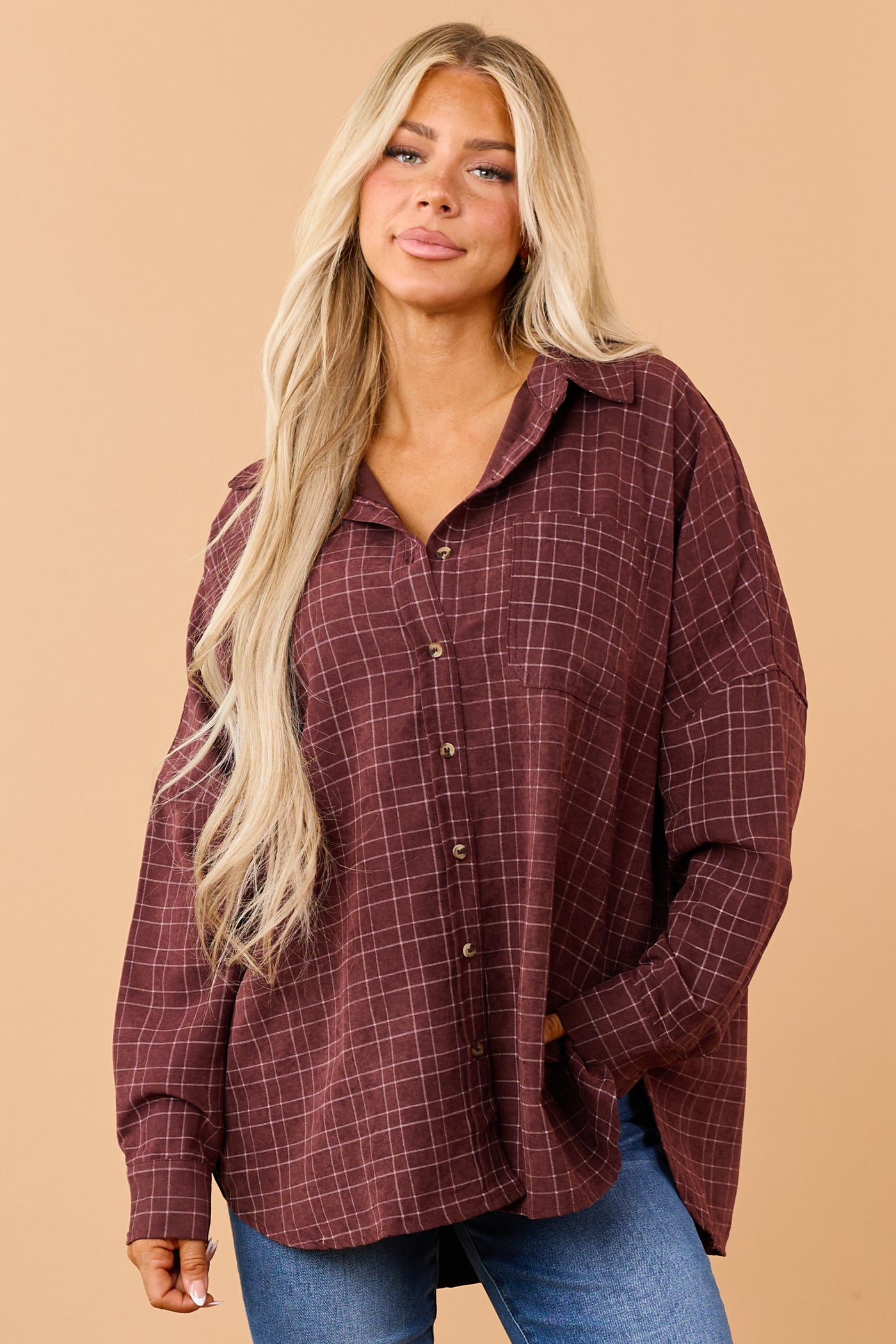 Dark Wine Plaid Button Down Long Sleeve Shirt