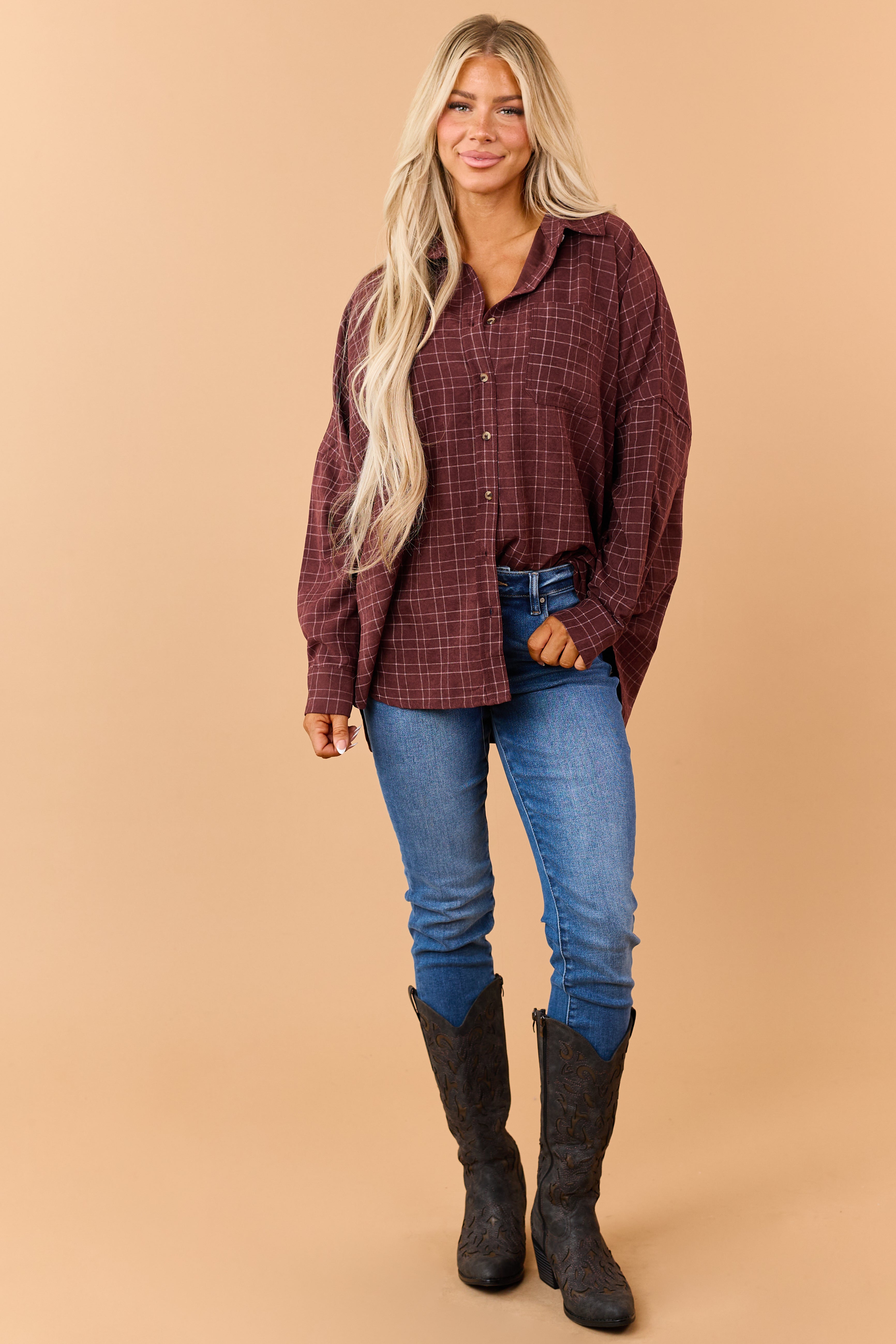 Dark Wine Plaid Button Down Long Sleeve Shirt