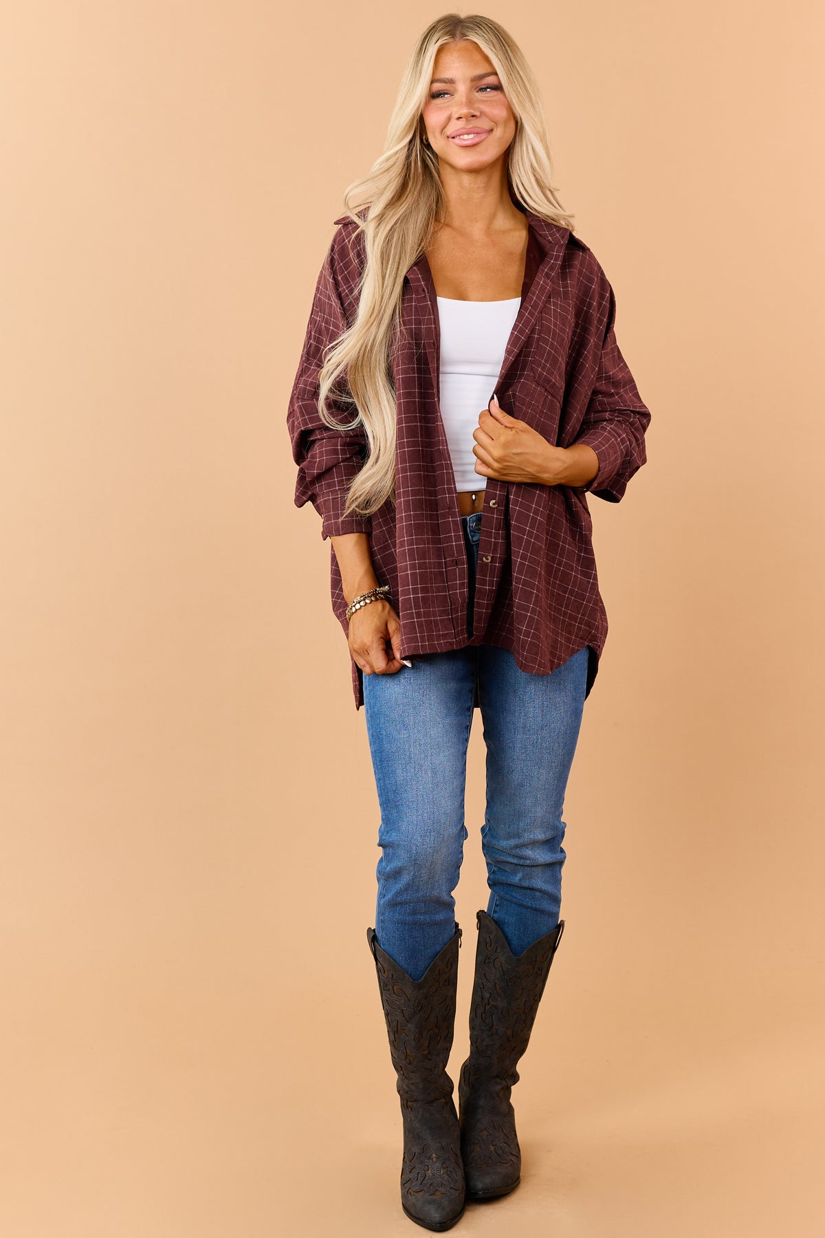 Dark Wine Plaid Button Down Long Sleeve Shirt