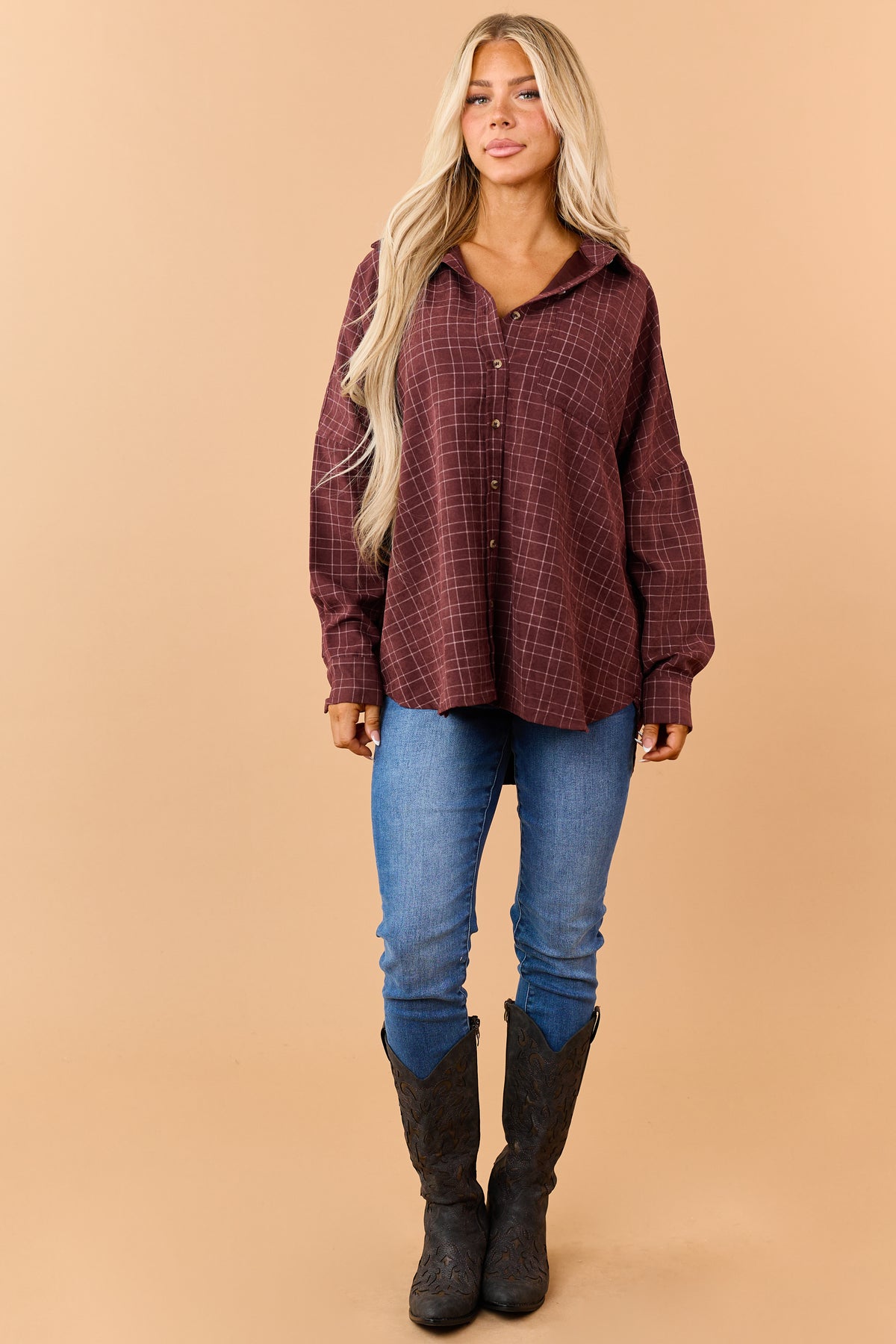Dark Wine Plaid Button Down Long Sleeve Shirt