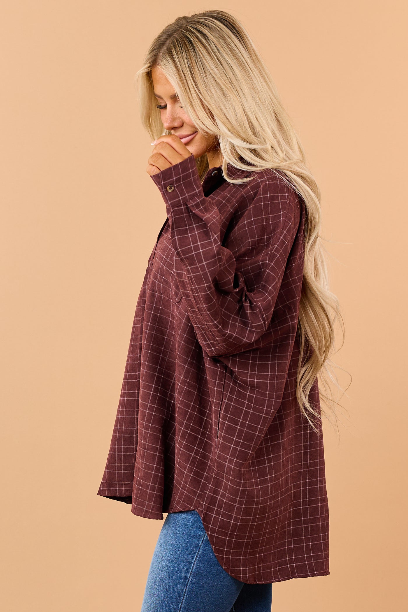 Dark Wine Plaid Button Down Long Sleeve Shirt