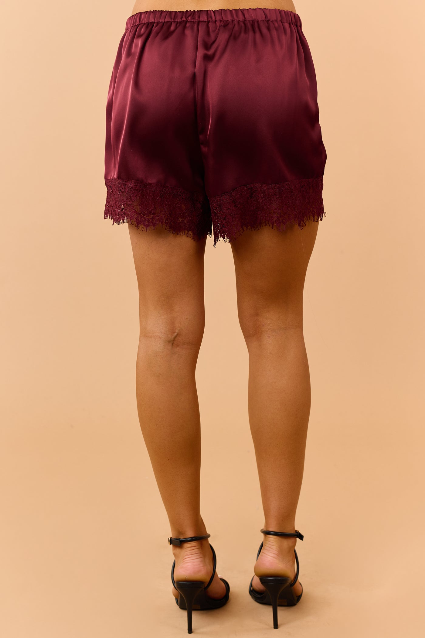 Dark Wine Satin Lace Trim Elastic Waist Shorts