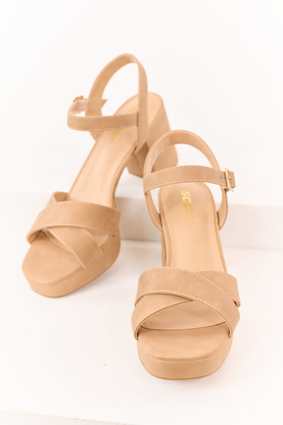 Dark Nude Criss Cross Strap Platform Heels