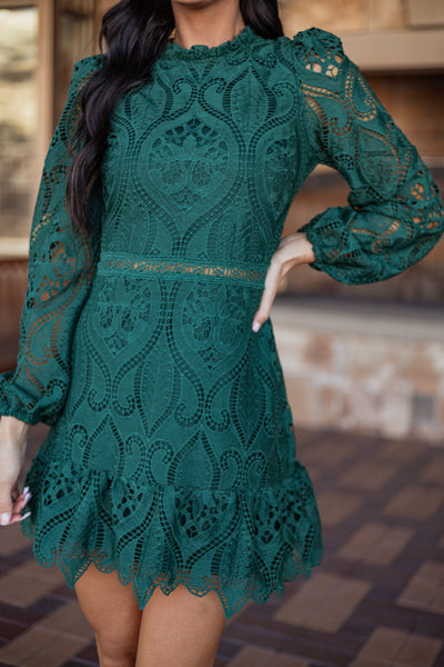PRE-ORDER Dark Pine Long Puff Sleeve Lace Mini Dress SHIP ETA 11/11