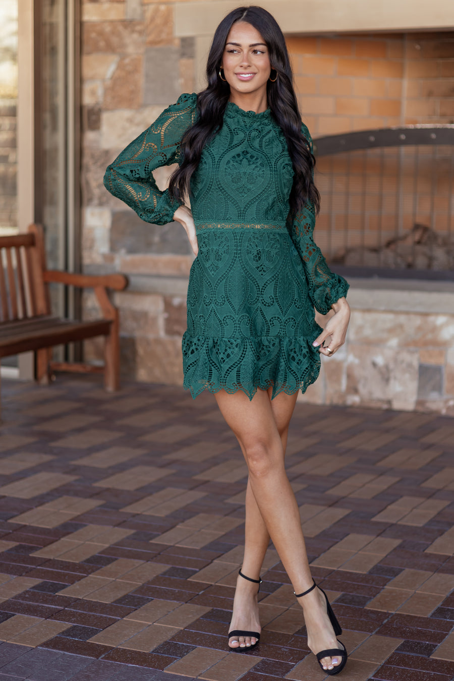 PRE-ORDER Dark Pine Long Puff Sleeve Lace Mini Dress SHIP ETA 11/11