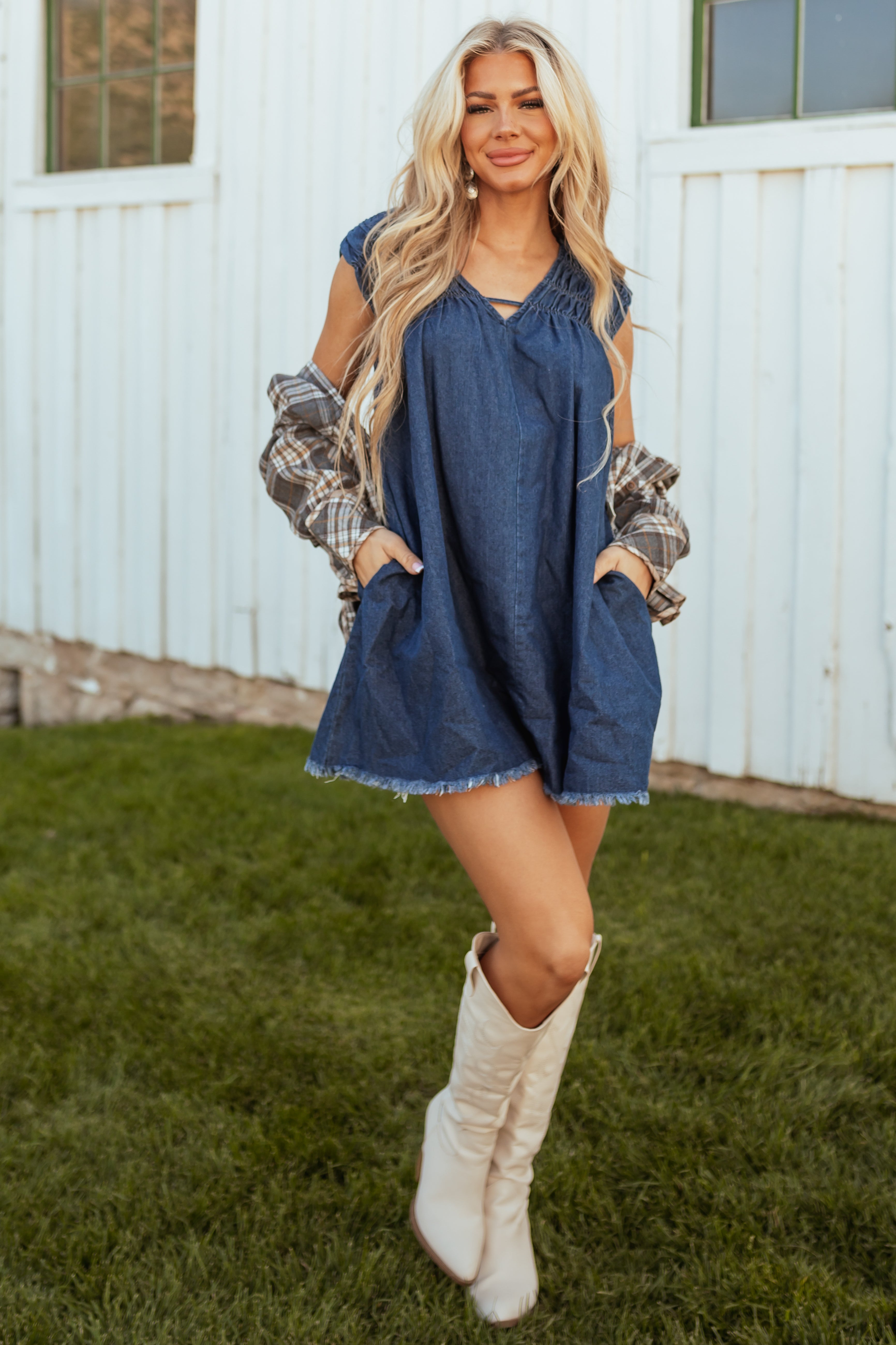 Dark Wash Denim V Neck Shift Dress | Lime Lush Boutique