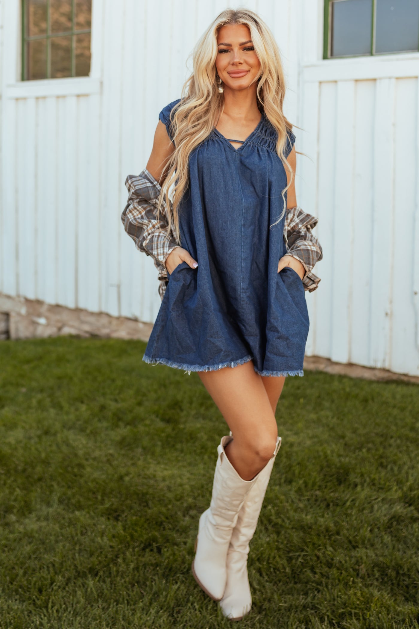 dark wash denim dress Dark Wash Denim V Neck Shift Dress