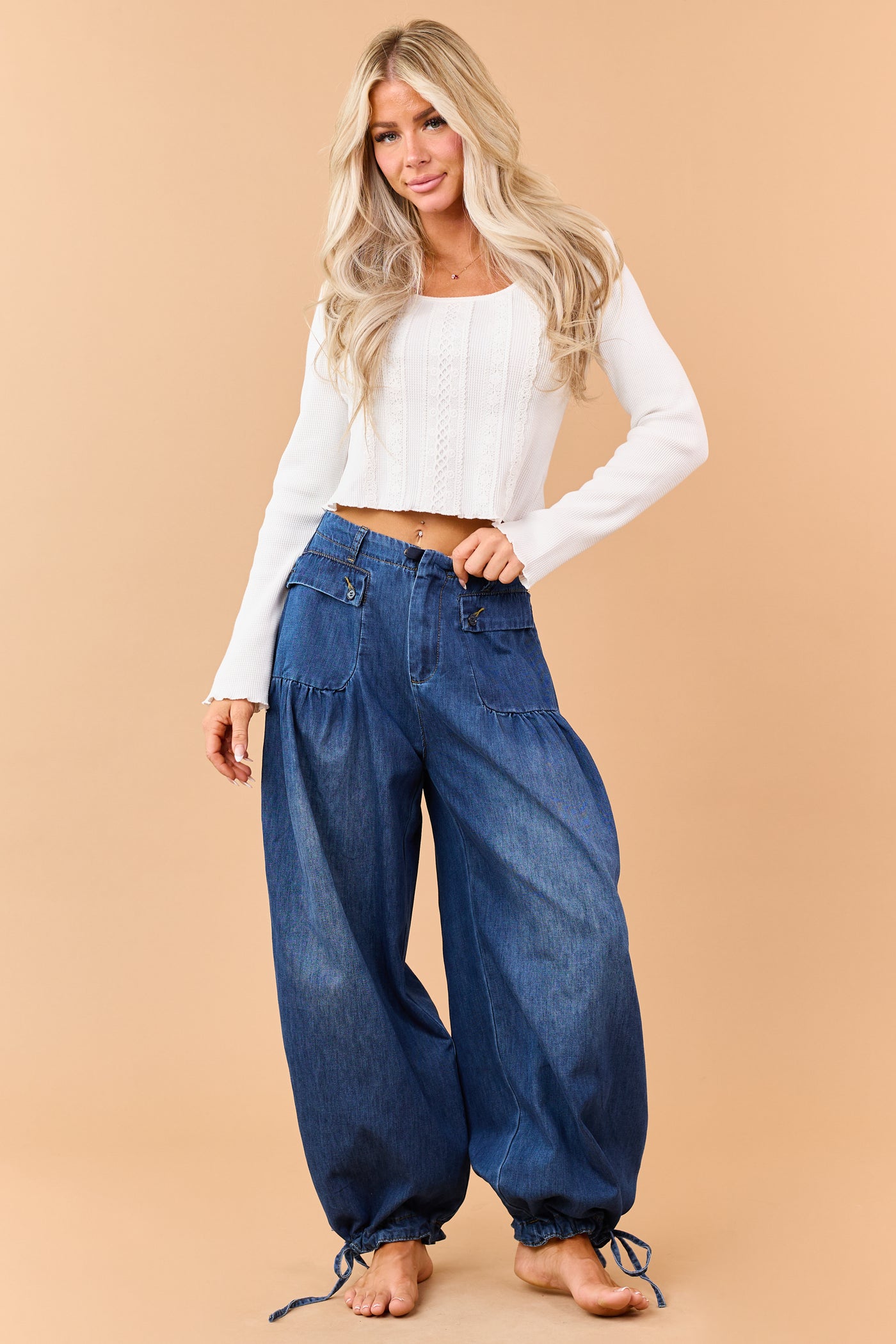 Dark Wash Lightweight Denim Tie Hem Wide Pants