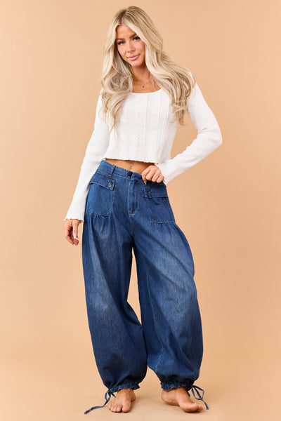 Dark Wash Lightweight Denim Tie Hem Wide Pants