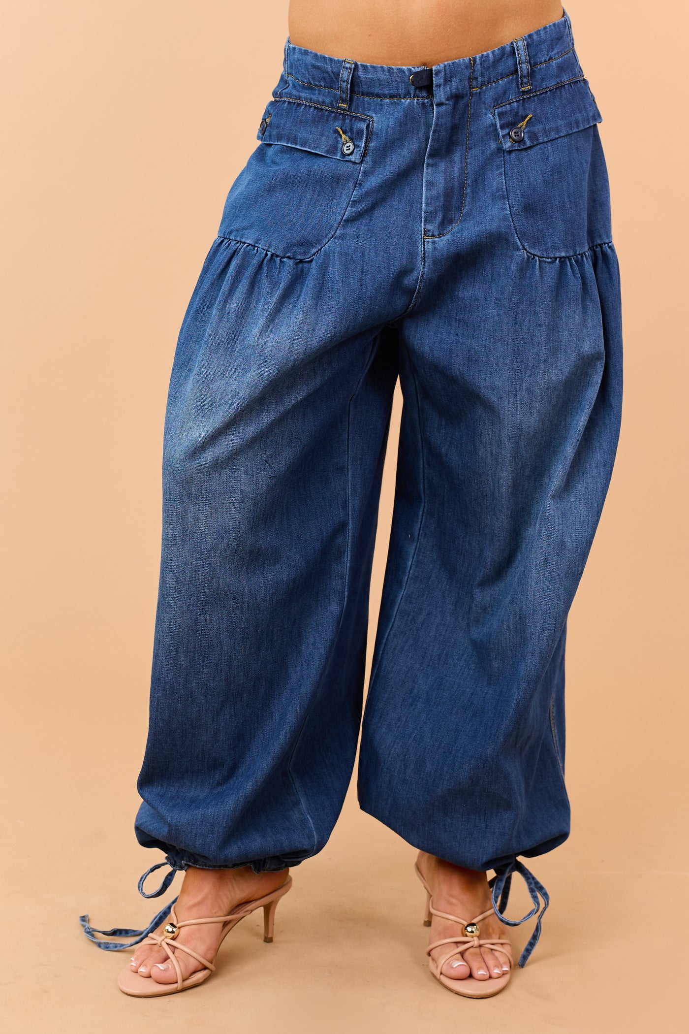 Dark Wash Lightweight Denim Tie Hem Wide Pants