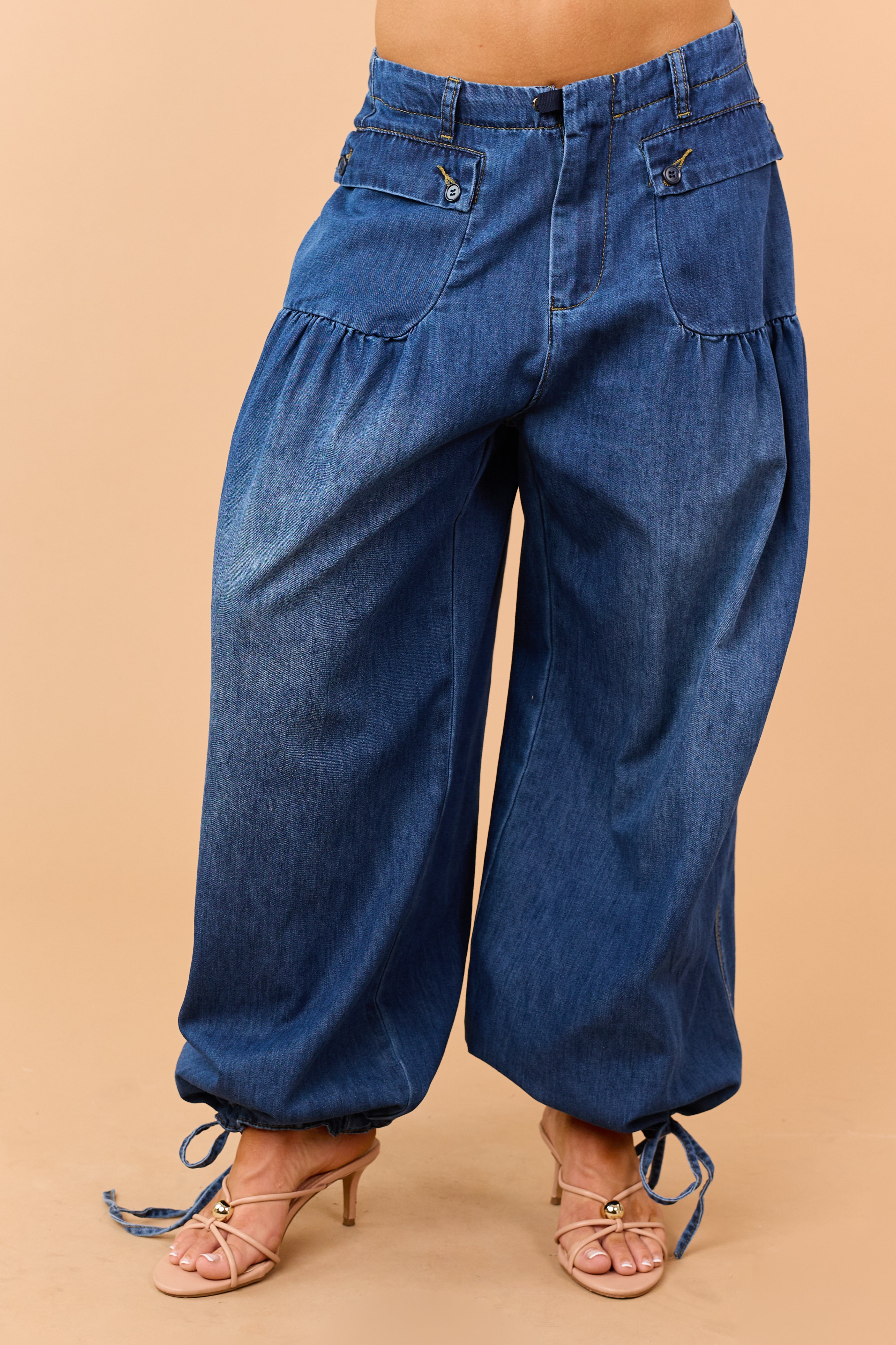 Dark Wash Lightweight Denim Tie Hem Wide Pants