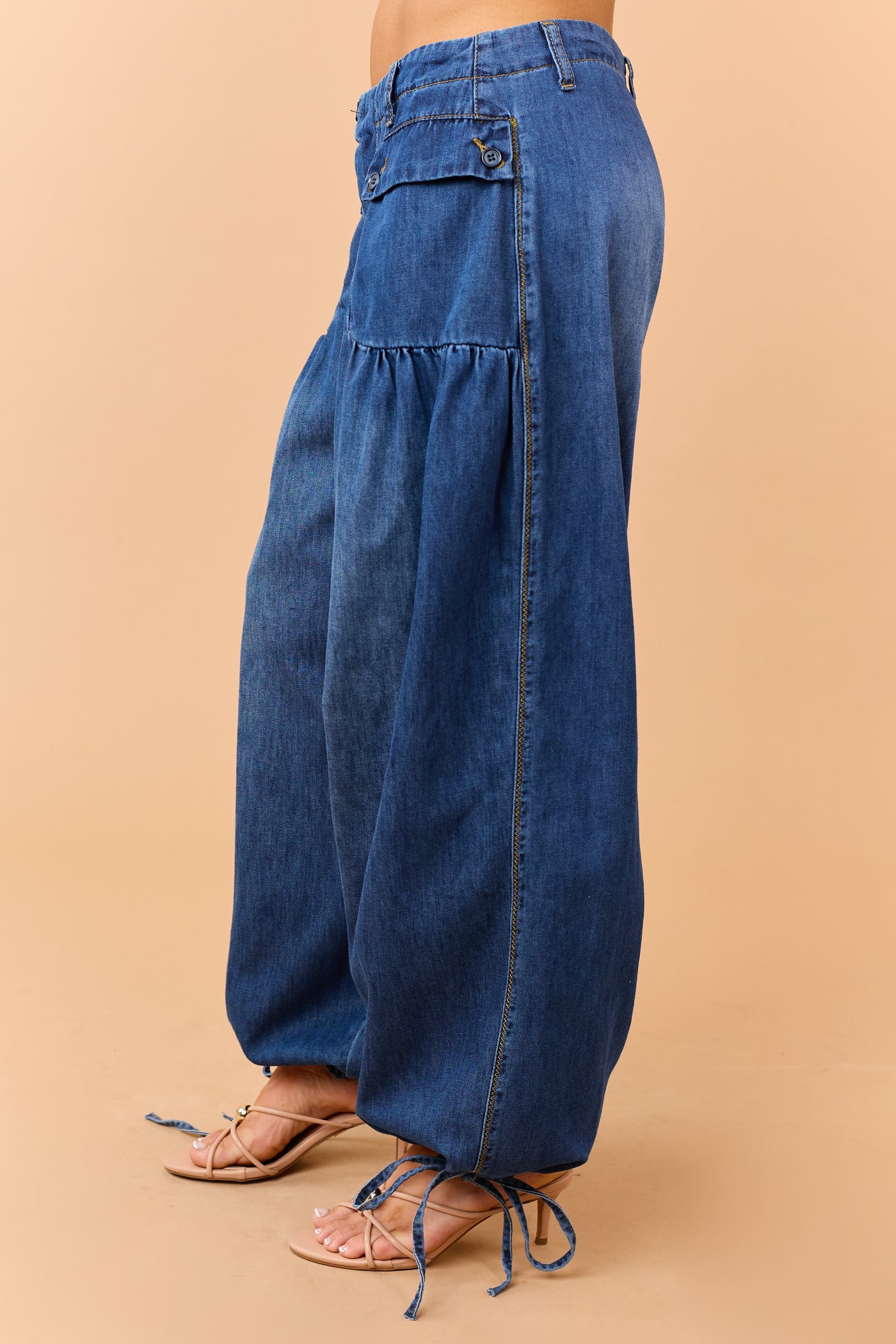 Dark Wash Lightweight Denim Tie Hem Wide Pants