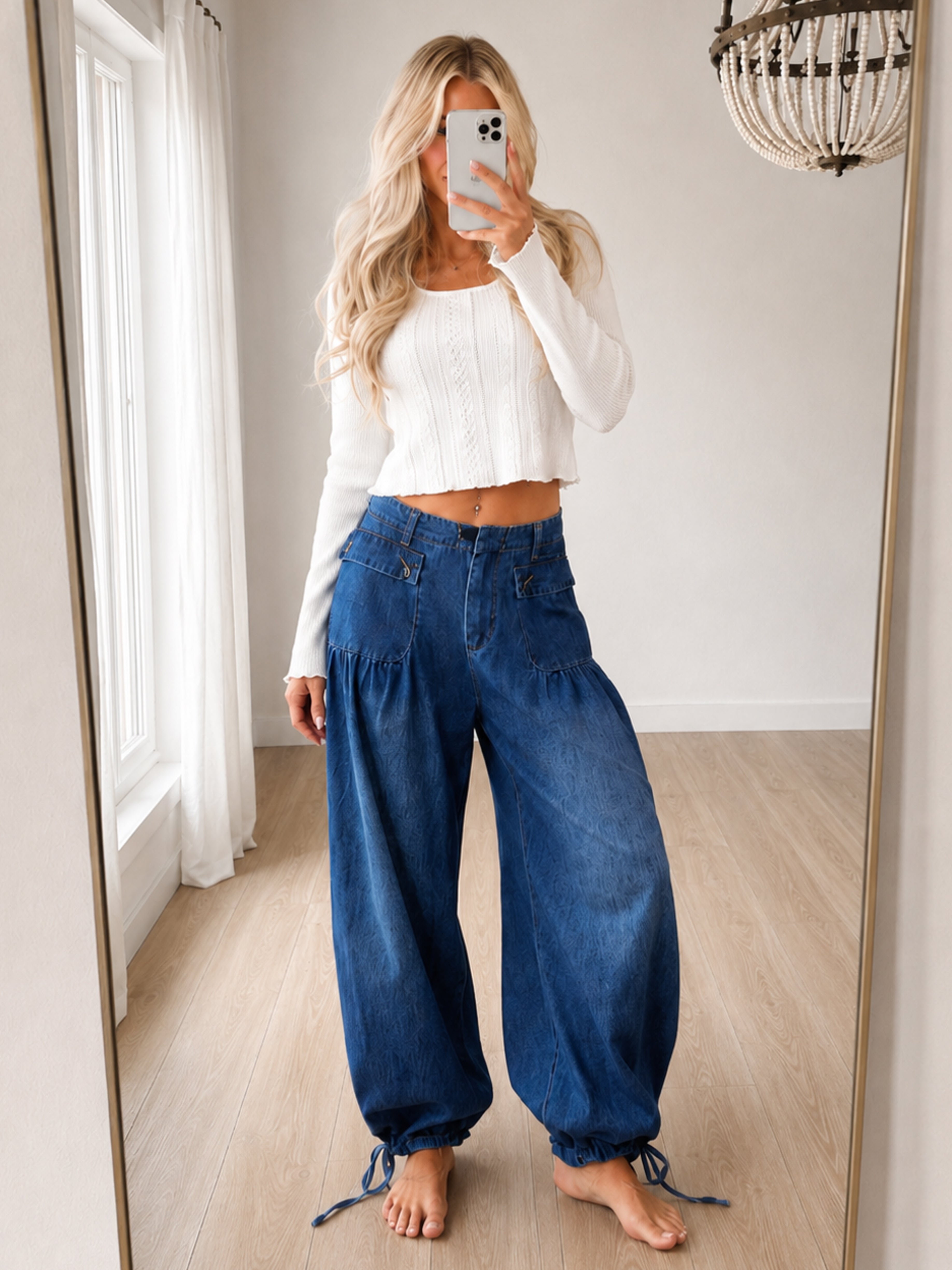 Dark Wash Lightweight Denim Tie Hem Wide Pants
