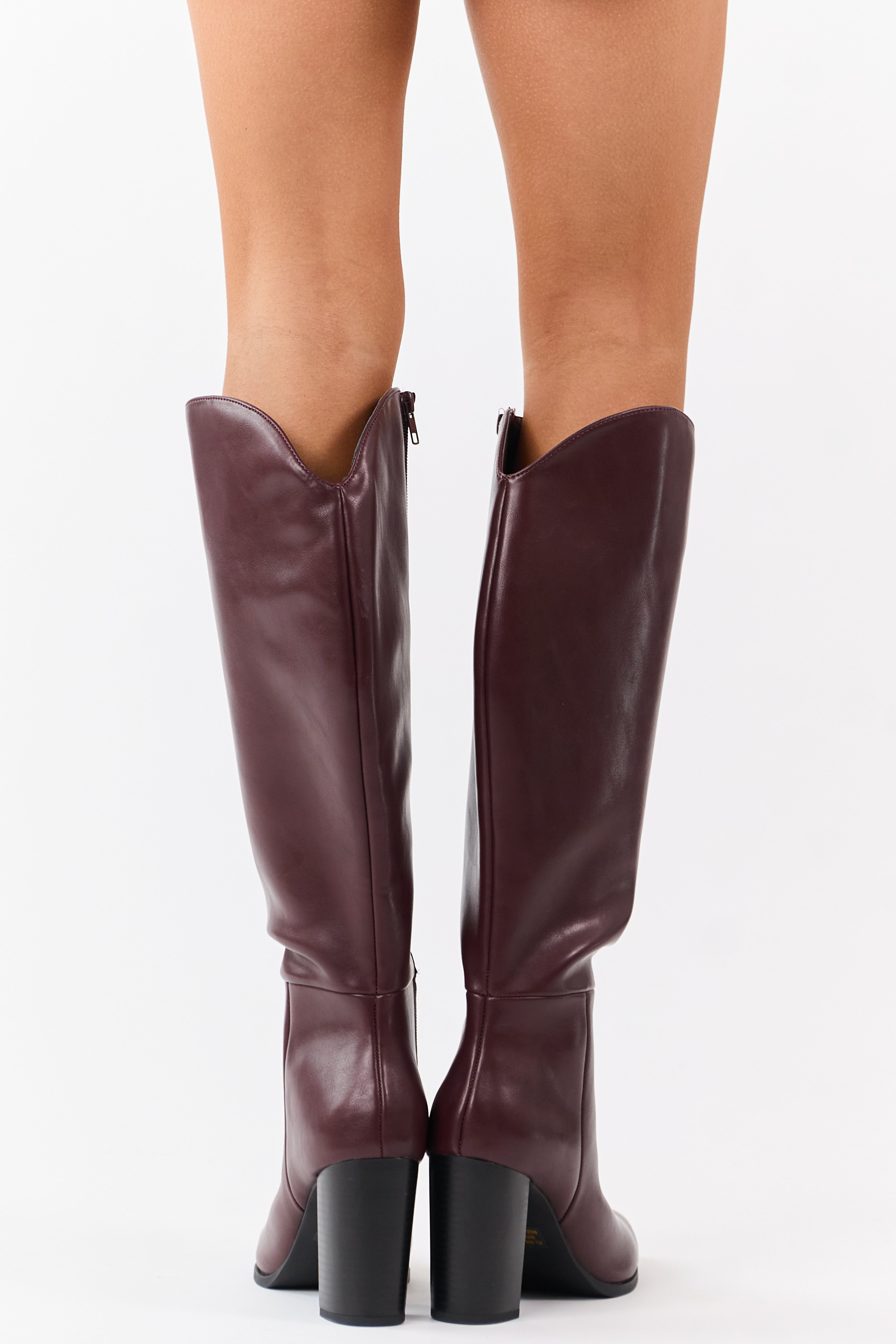 Dark Wine Faux Leather Block Heel Tall Boots