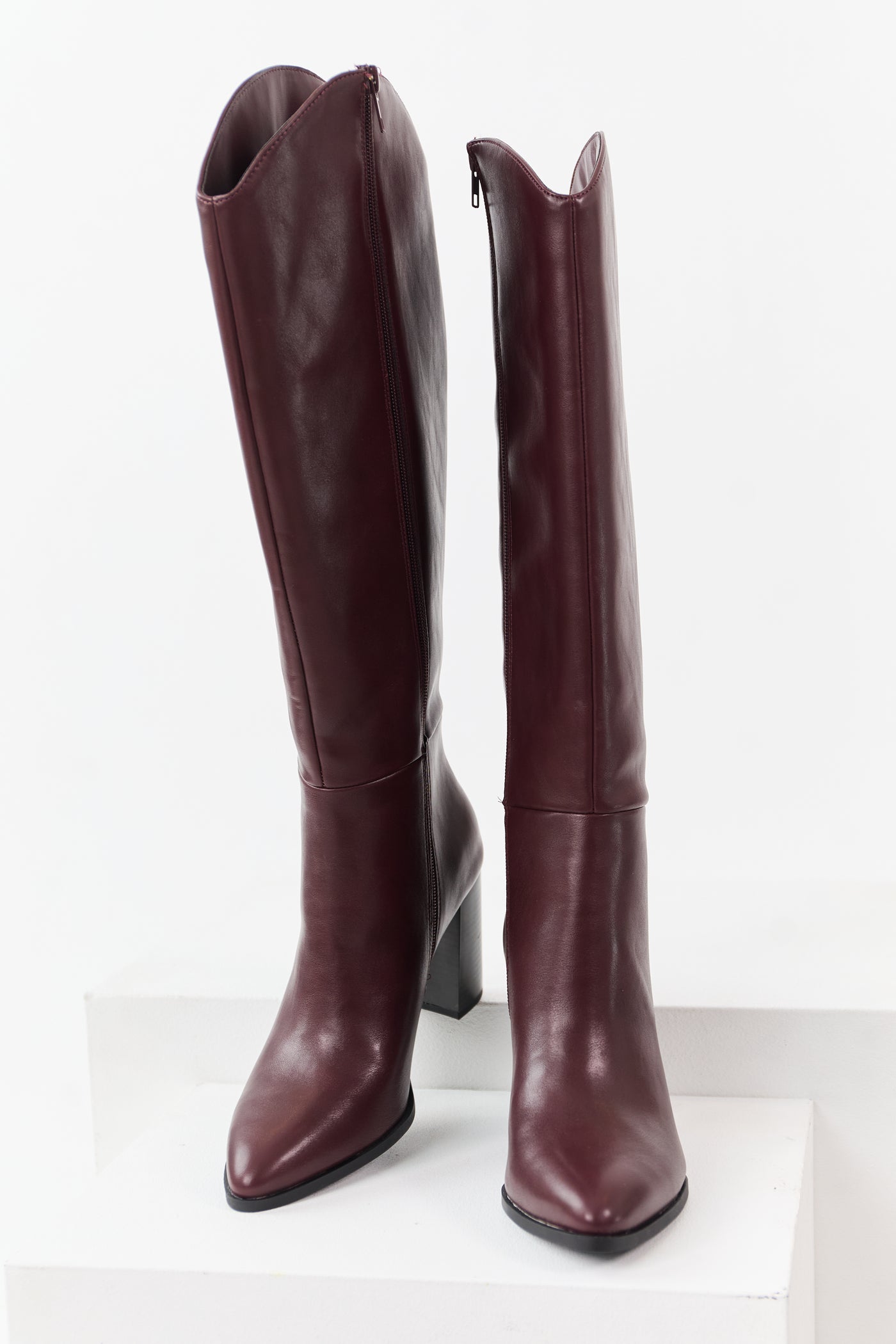 Dark Wine Faux Leather Block Heel Tall Boots