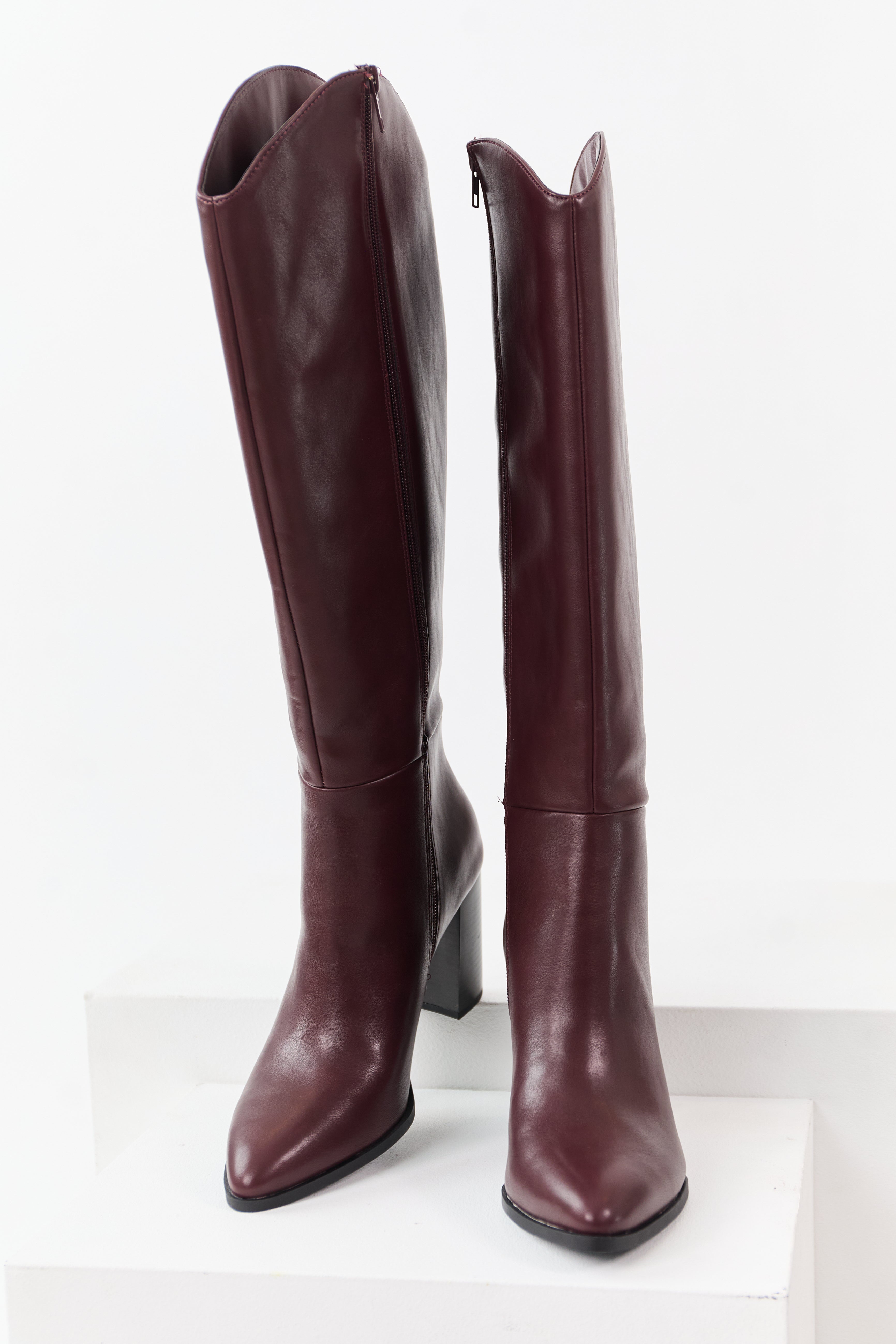 Dark Wine Faux Leather Block Heel Tall Boots