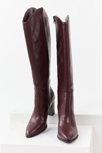 Dark Wine Faux Leather Block Heel Tall Boots