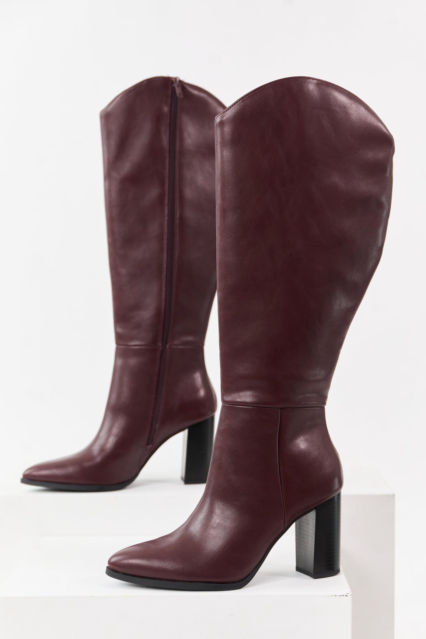 Dark Wine Faux Leather Block Heel Tall Boots
