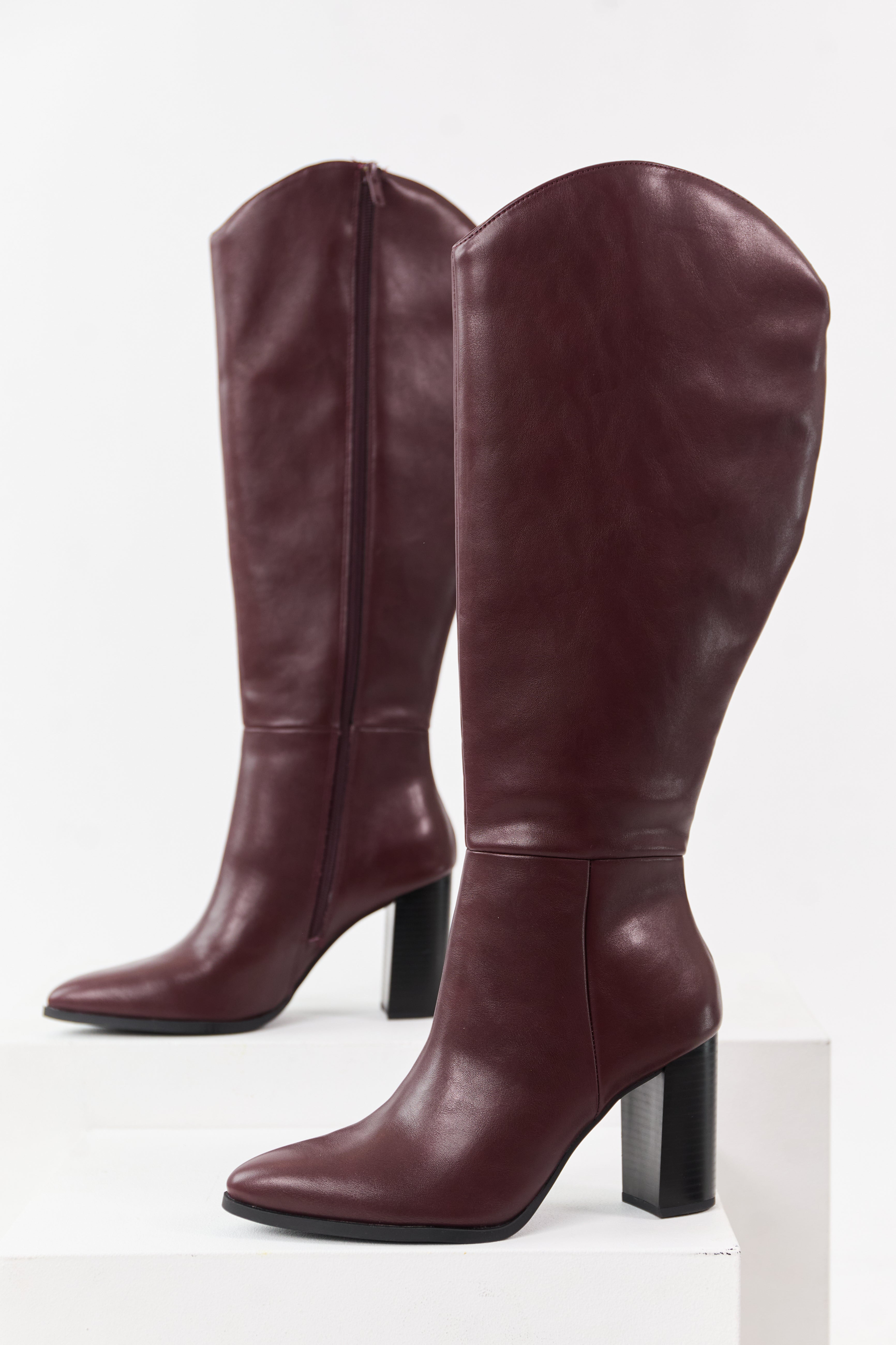 Dark Wine Faux Leather Block Heel Tall Boots
