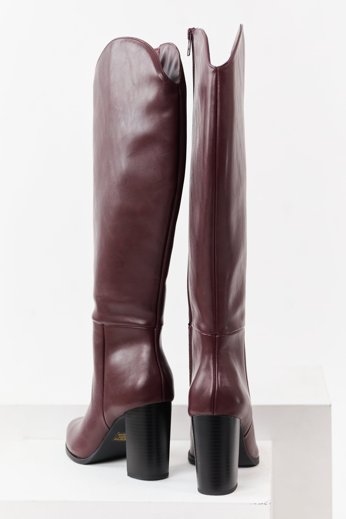 Dark Wine Faux Leather Block Heel Tall Boots
