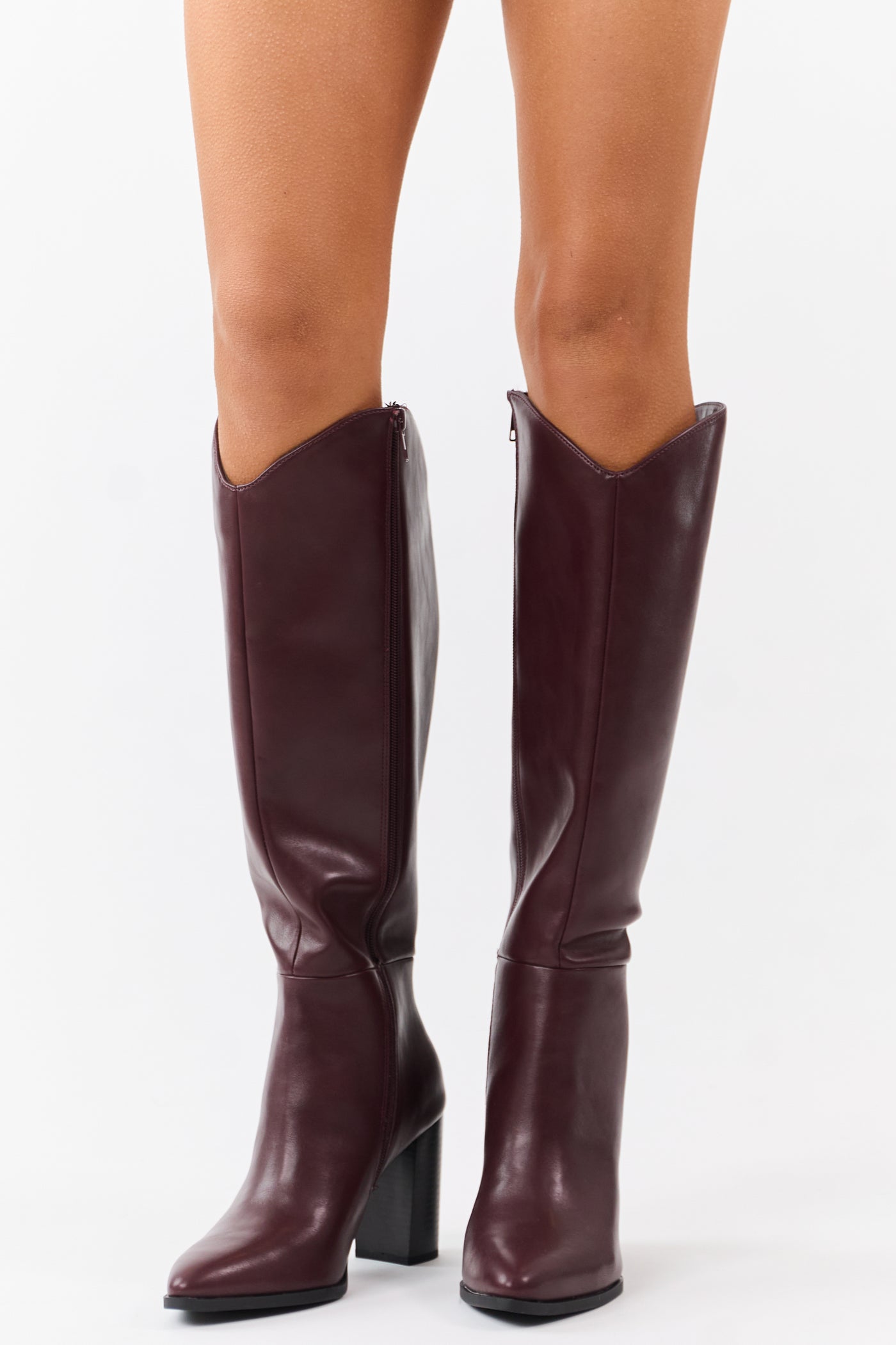 Dark Wine Faux Leather Block Heel Tall Boots