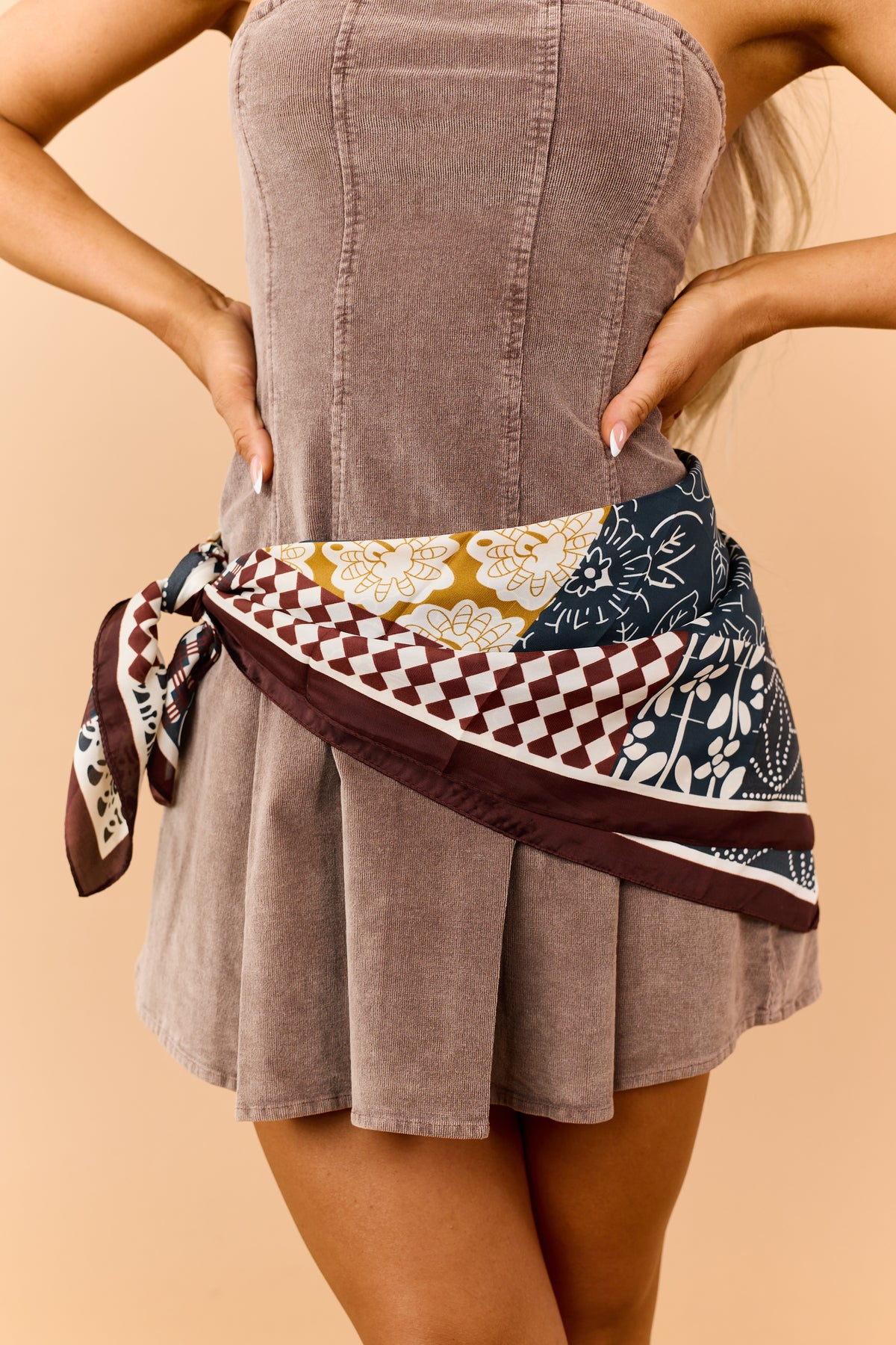 Dark Wine Satin Multi Print Bandana Scarf