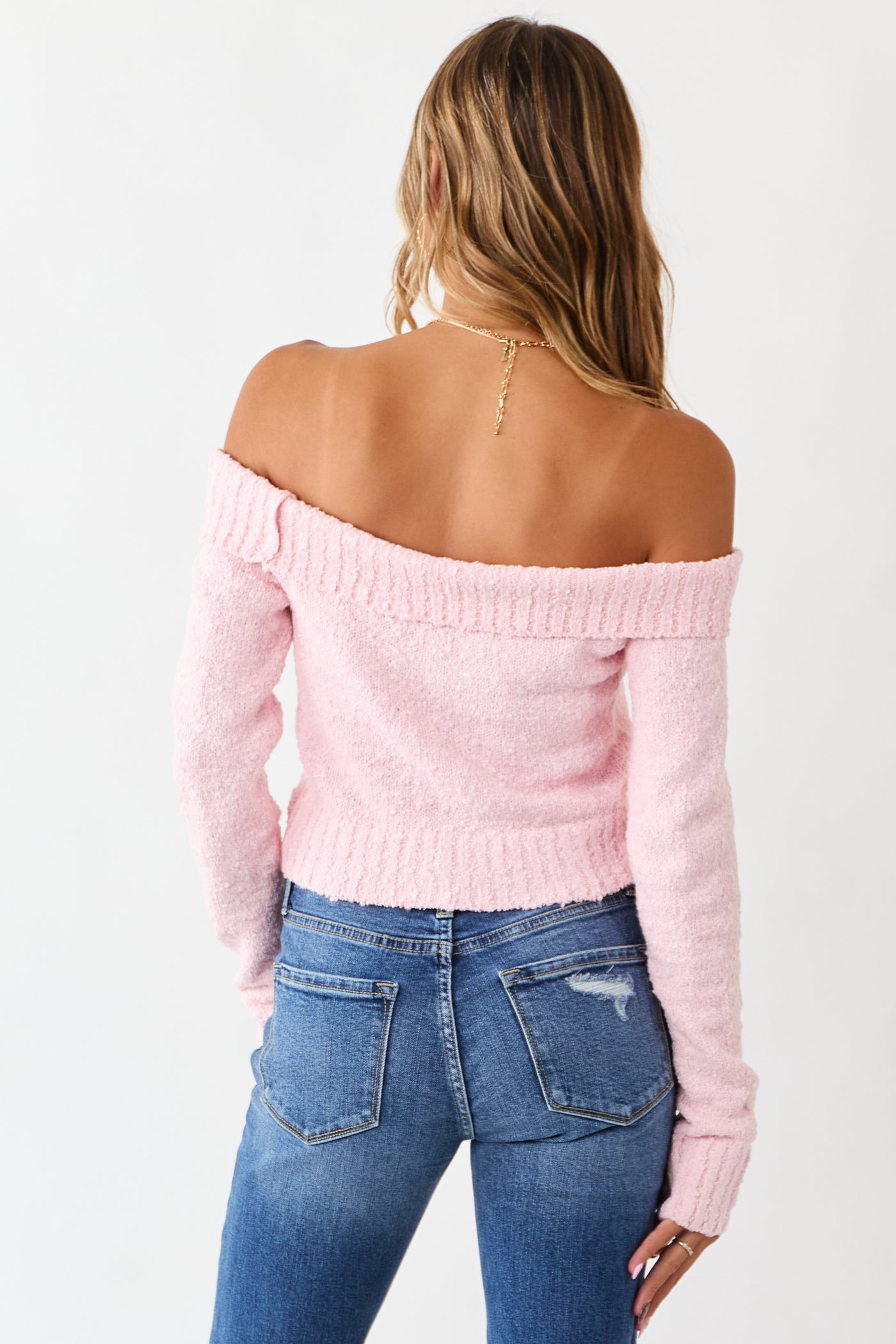 Deep Blush Off Shoulder Ribbed Trim Crop Sweater