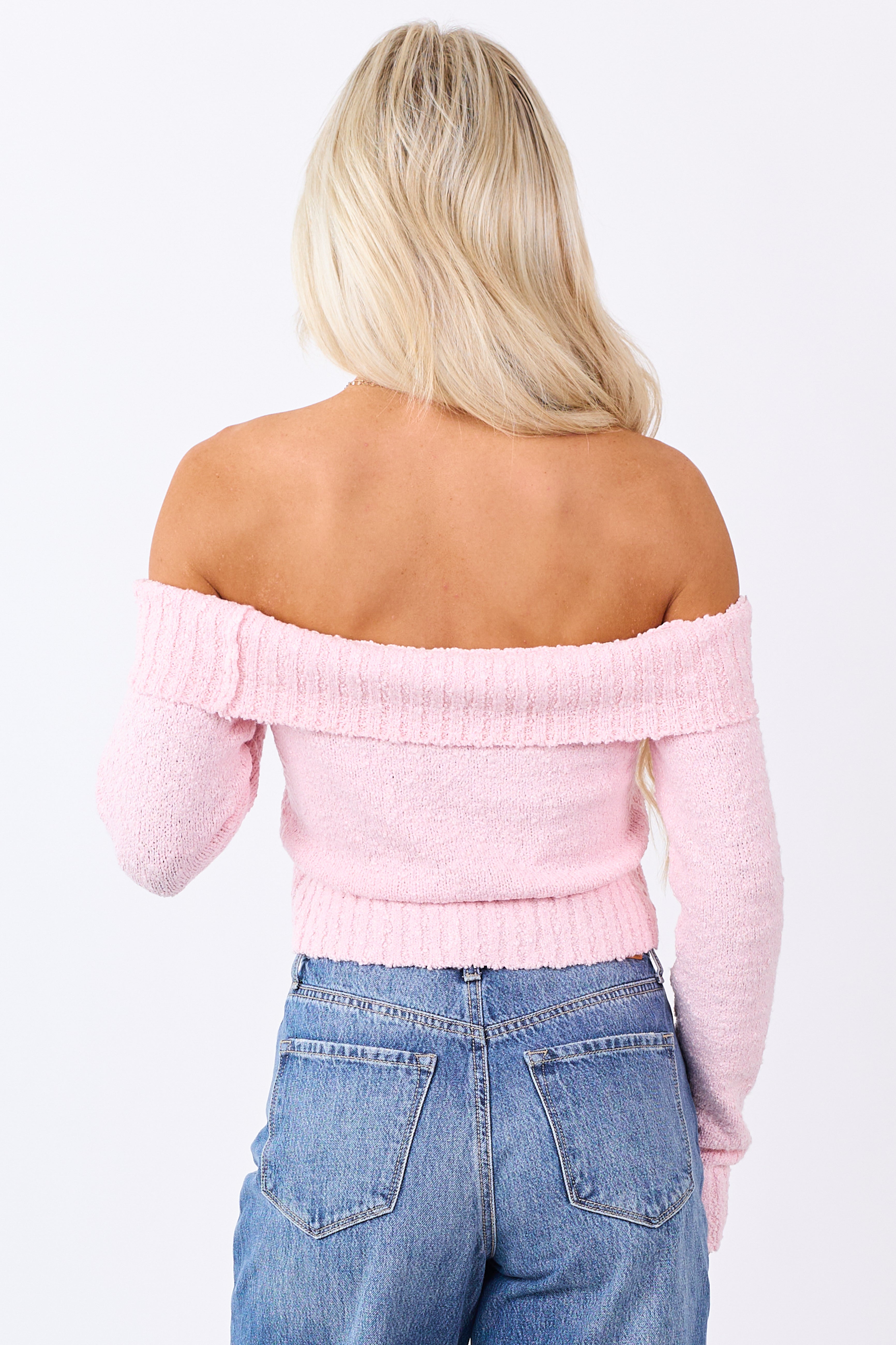 Deep Blush Off Shoulder Ribbed Trim Crop Sweater