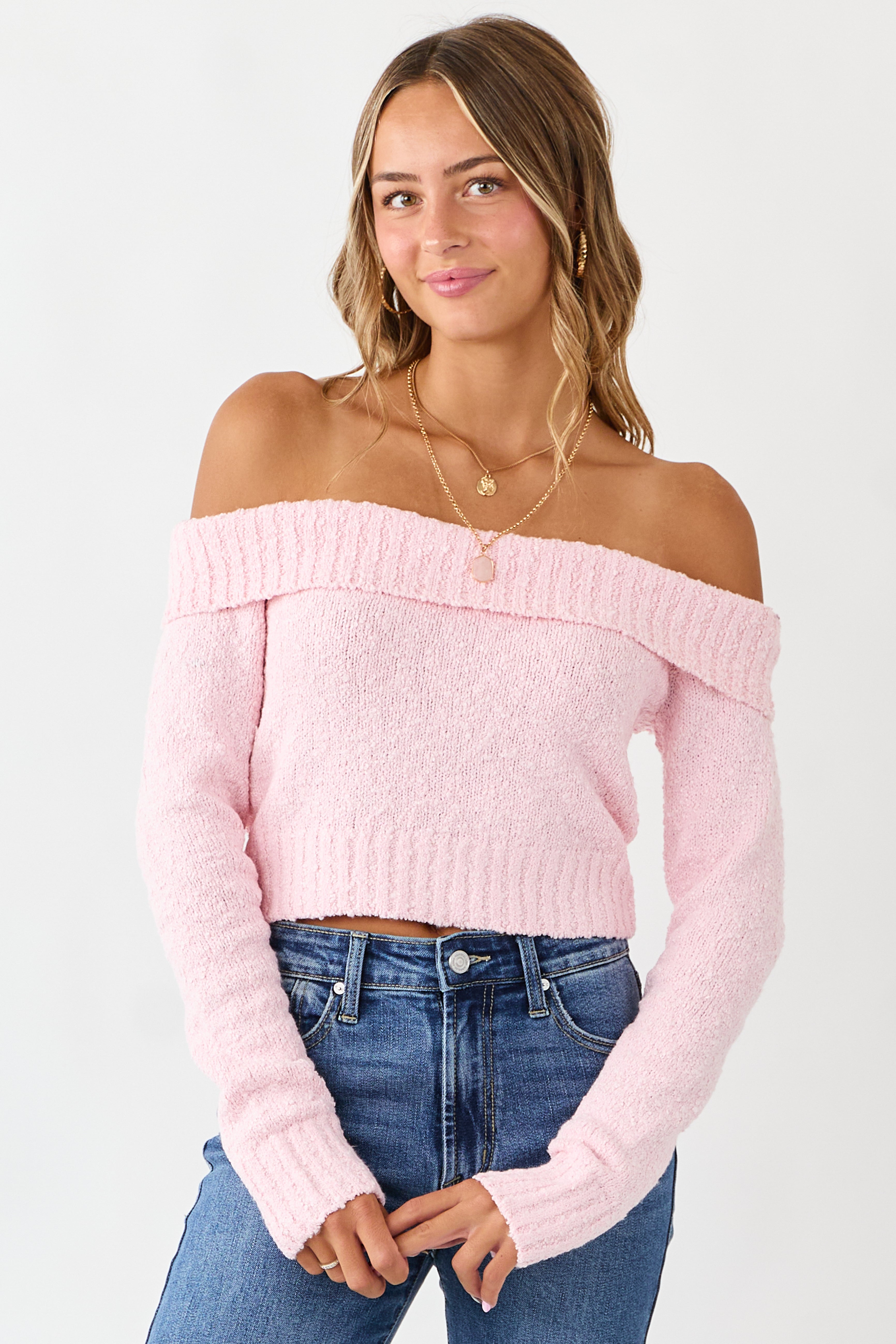 Deep Blush Off Shoulder Ribbed Trim Crop Sweater