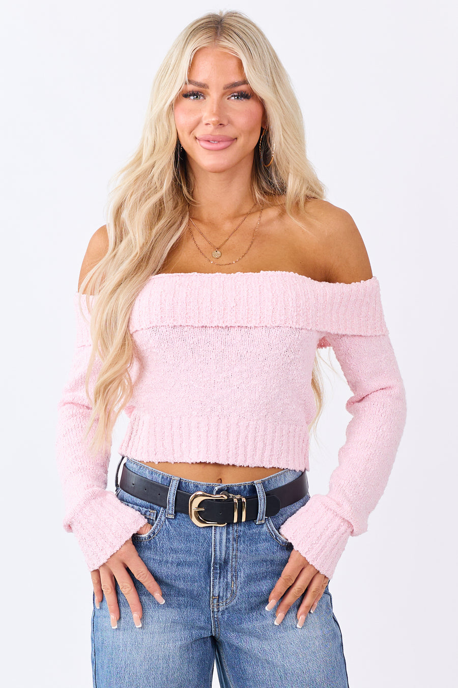 Deep Blush Off Shoulder Ribbed Trim Crop Sweater