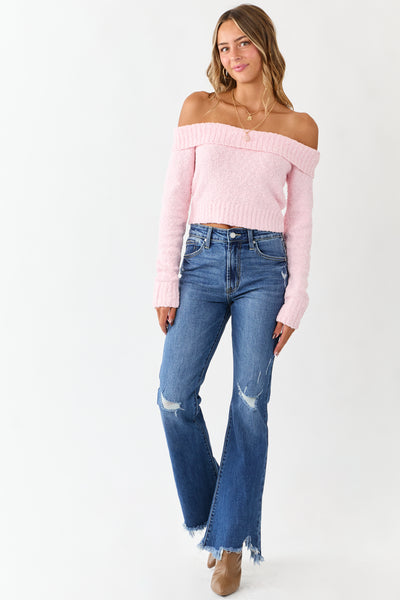 Deep Blush Off Shoulder Ribbed Trim Crop Sweater