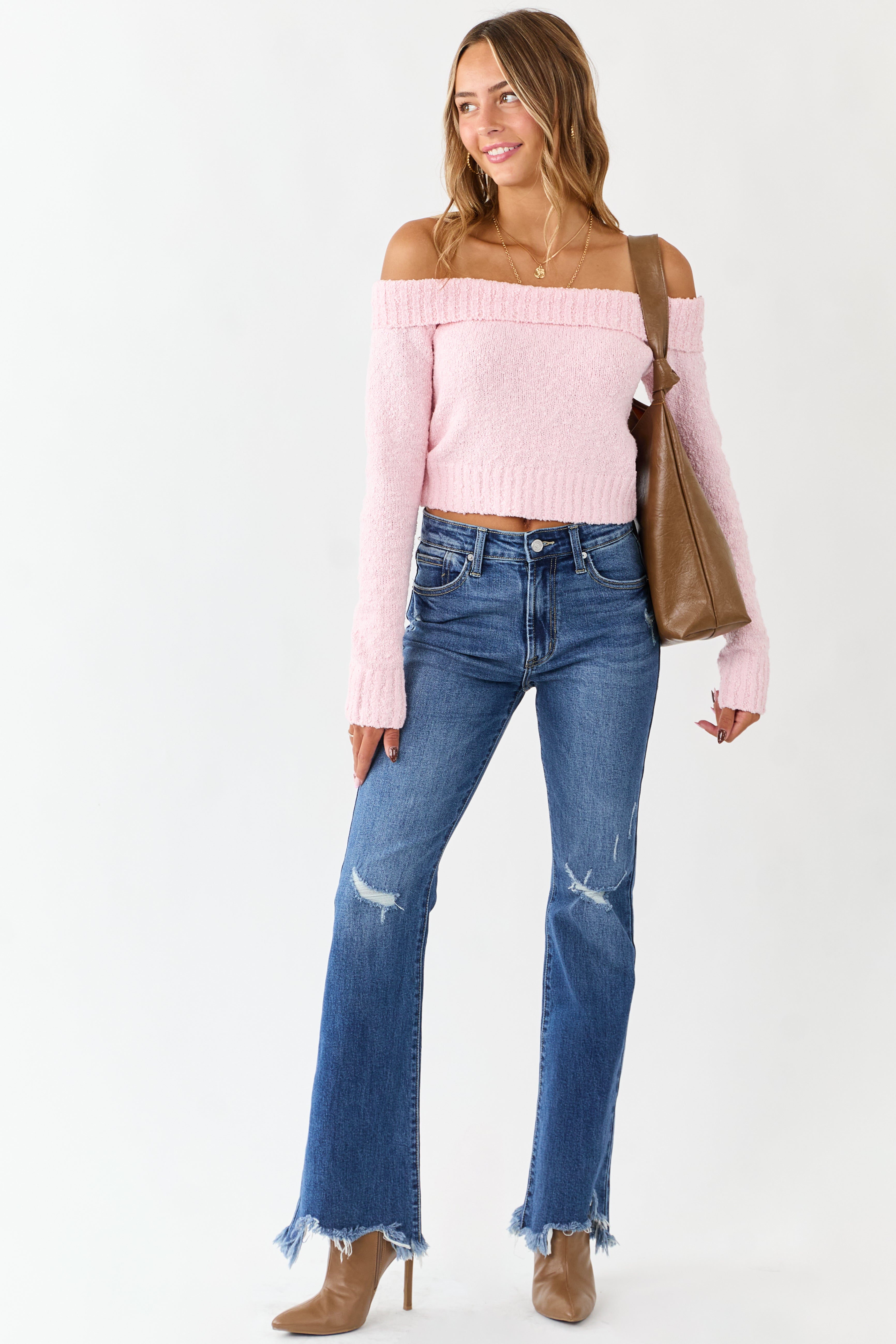 Deep Blush Off Shoulder Ribbed Trim Crop Sweater
