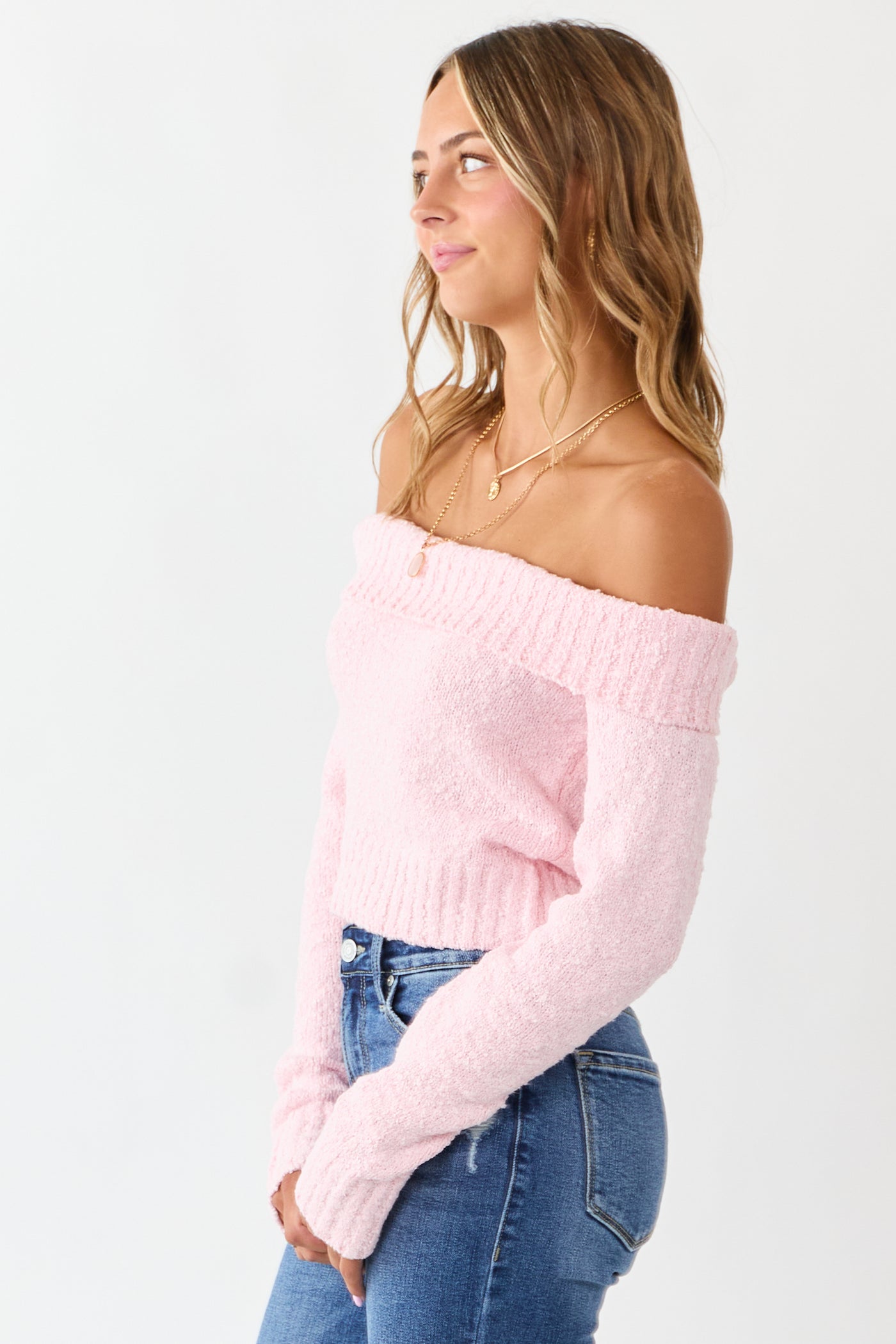 Deep Blush Off Shoulder Ribbed Trim Crop Sweater