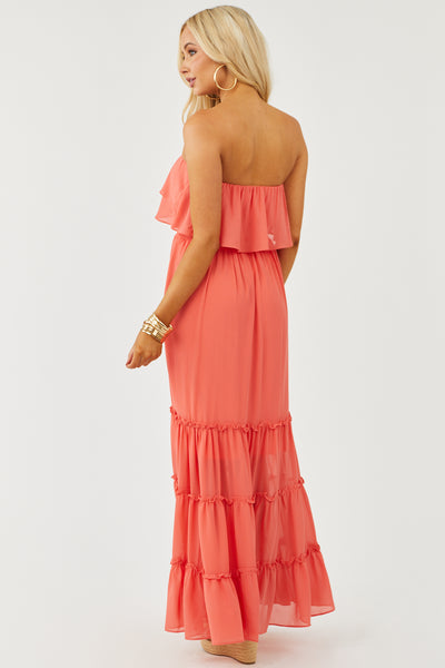 Deep Coral Strapless Ruffle Bodice Maxi Dress