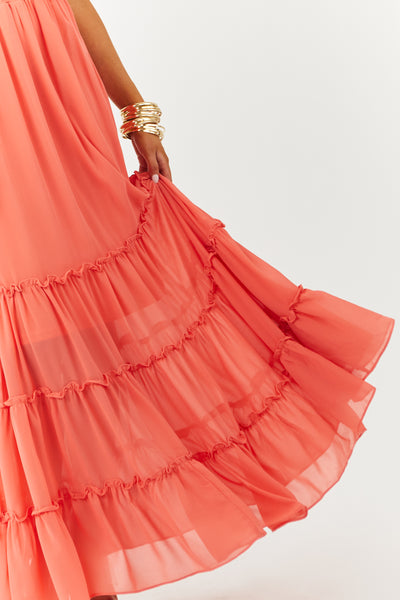 Deep Coral Strapless Ruffle Bodice Maxi Dress