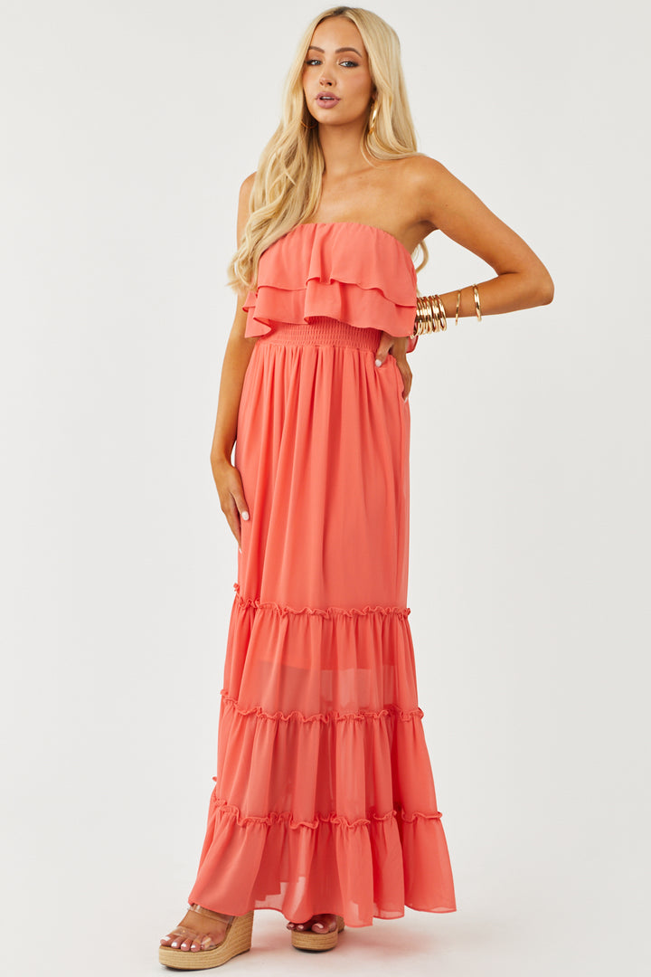 Deep Coral Strapless Ruffle Bodice Maxi Dress