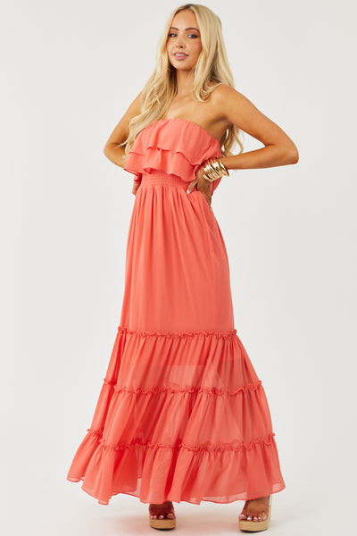 Deep Coral Strapless Ruffle Bodice Maxi Dress