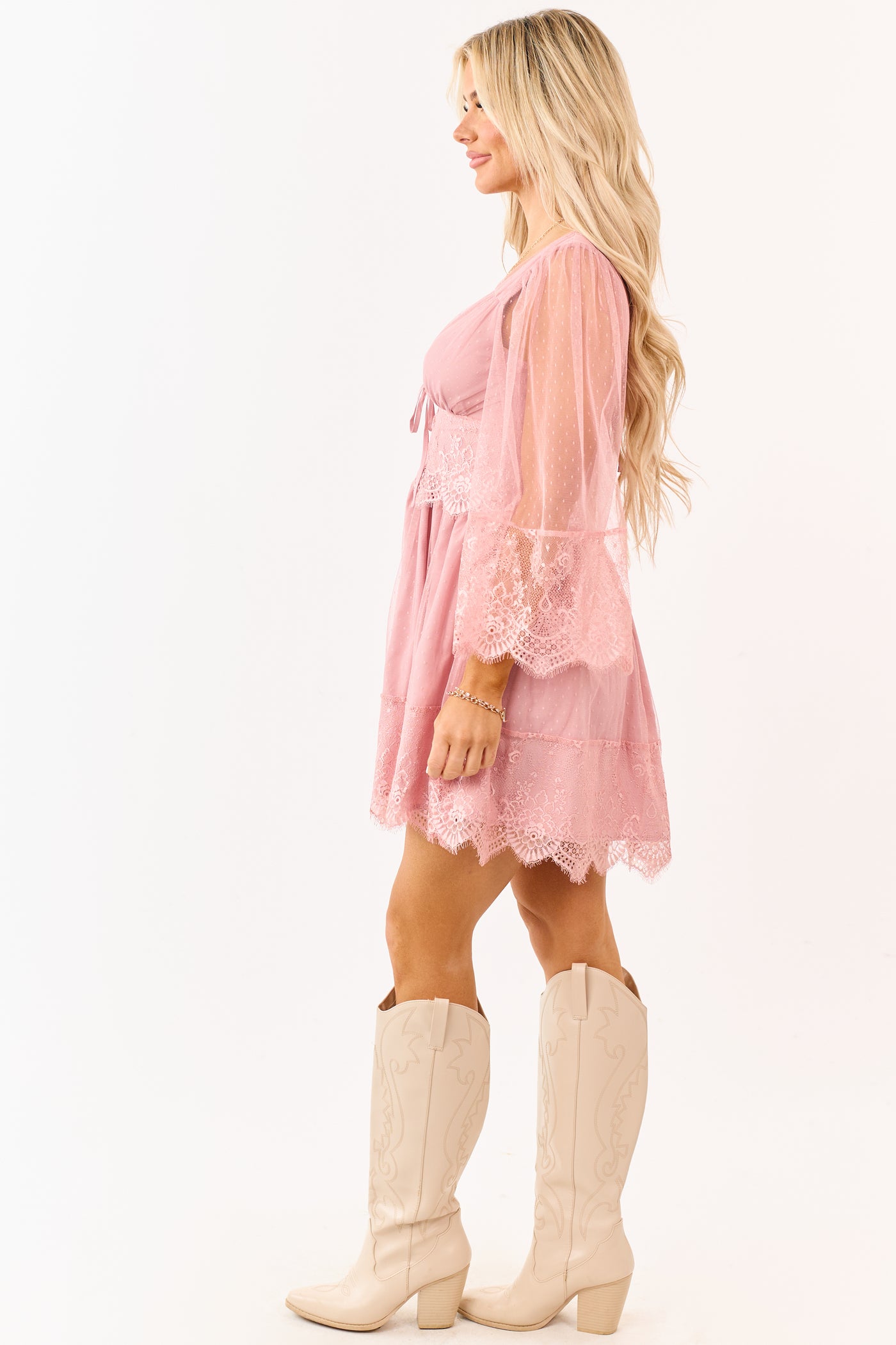 Deep Dusty Blush Dotted Lace Open Back Mini Dress