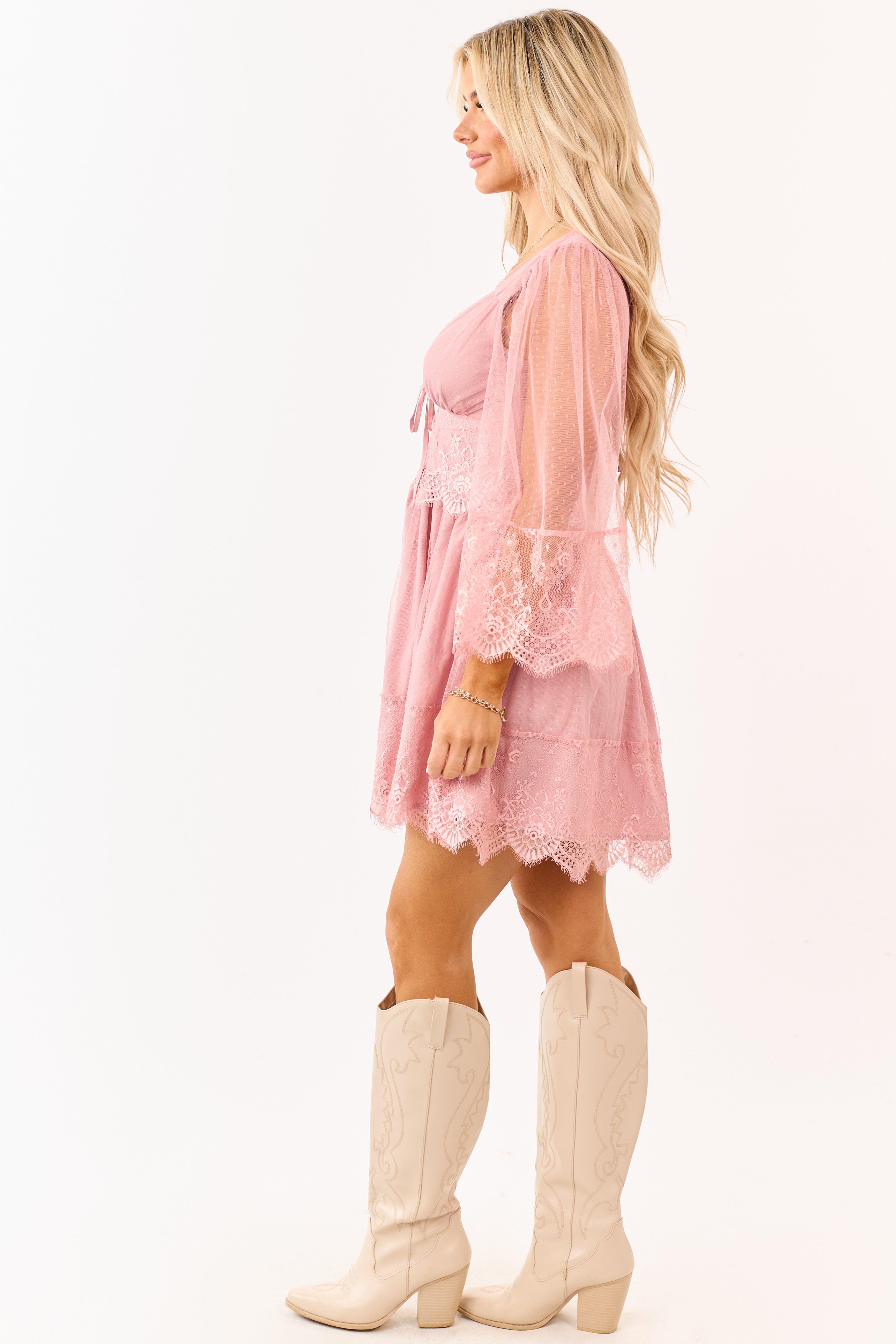 Deep Dusty Blush Dotted Lace Open Back Mini Dress