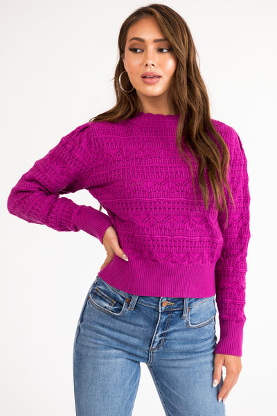 Deep Fuchsia Pointelle Knit Long Sleeve Sweater