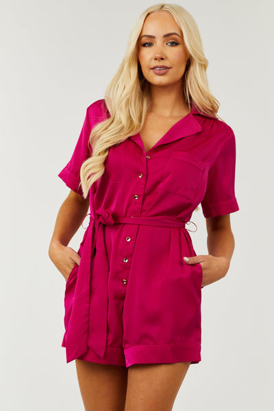 Deep Magenta Waist Tie Button Down Satin Romper