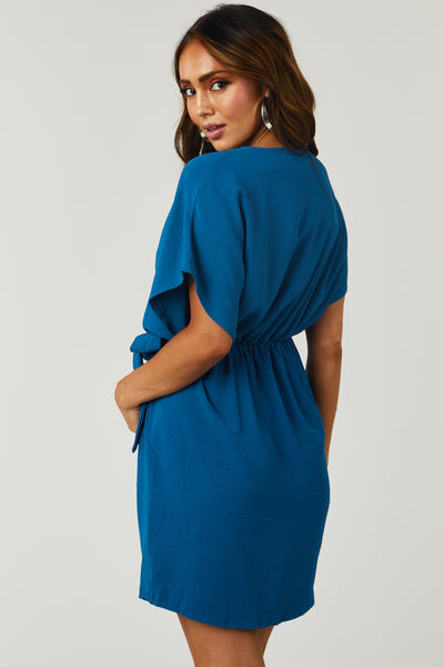 Deep Ocean Blue Surplice Dolman Sleeve Mini Dress