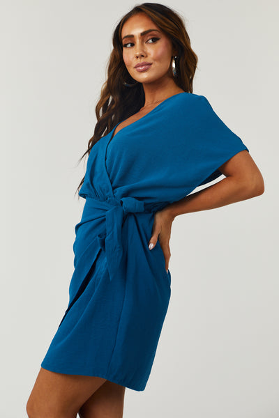 Deep Ocean Blue Surplice Dolman Sleeve Mini Dress