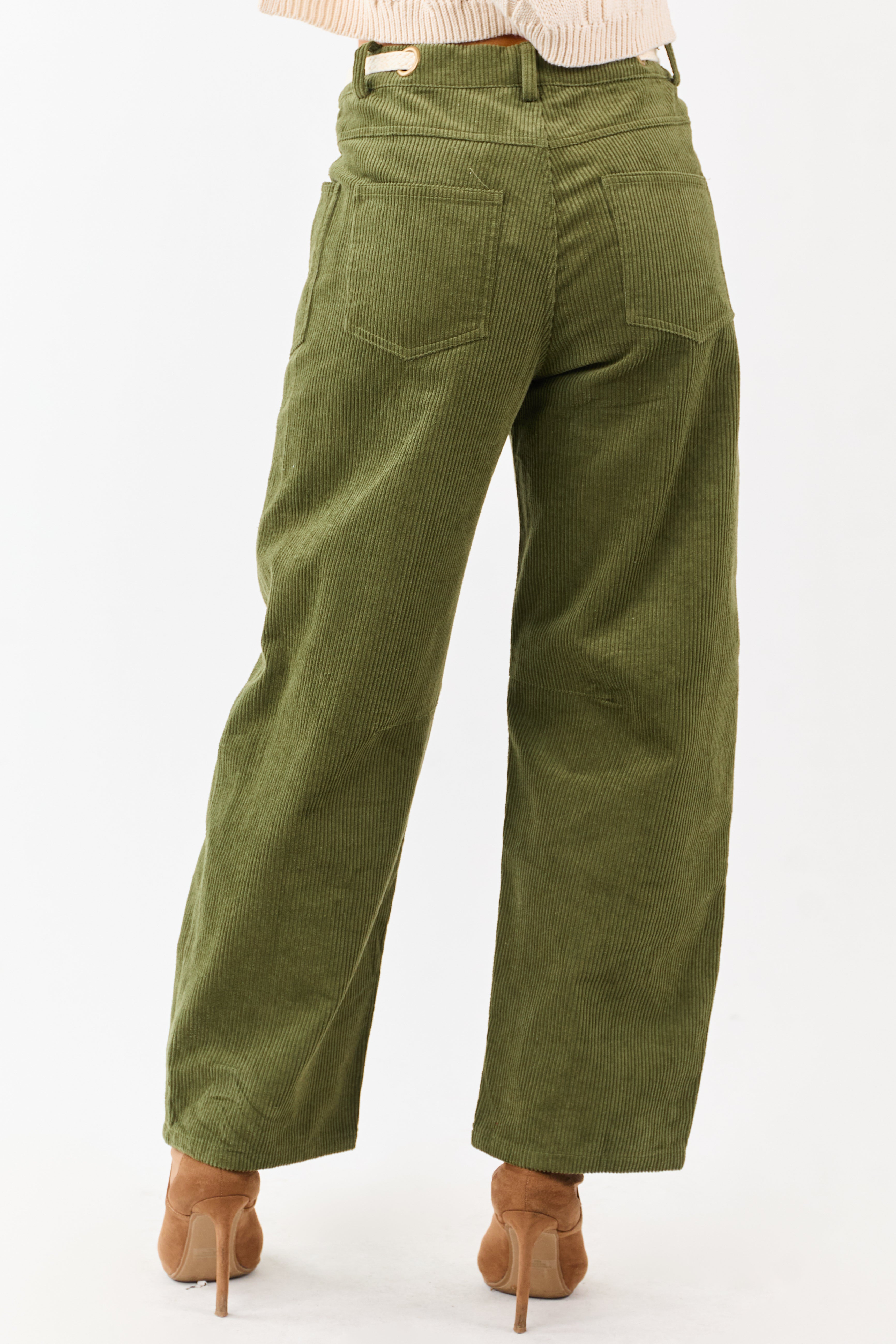 Deep Olive Corduroy Relaxed Wide Leg Waist Tie Pants