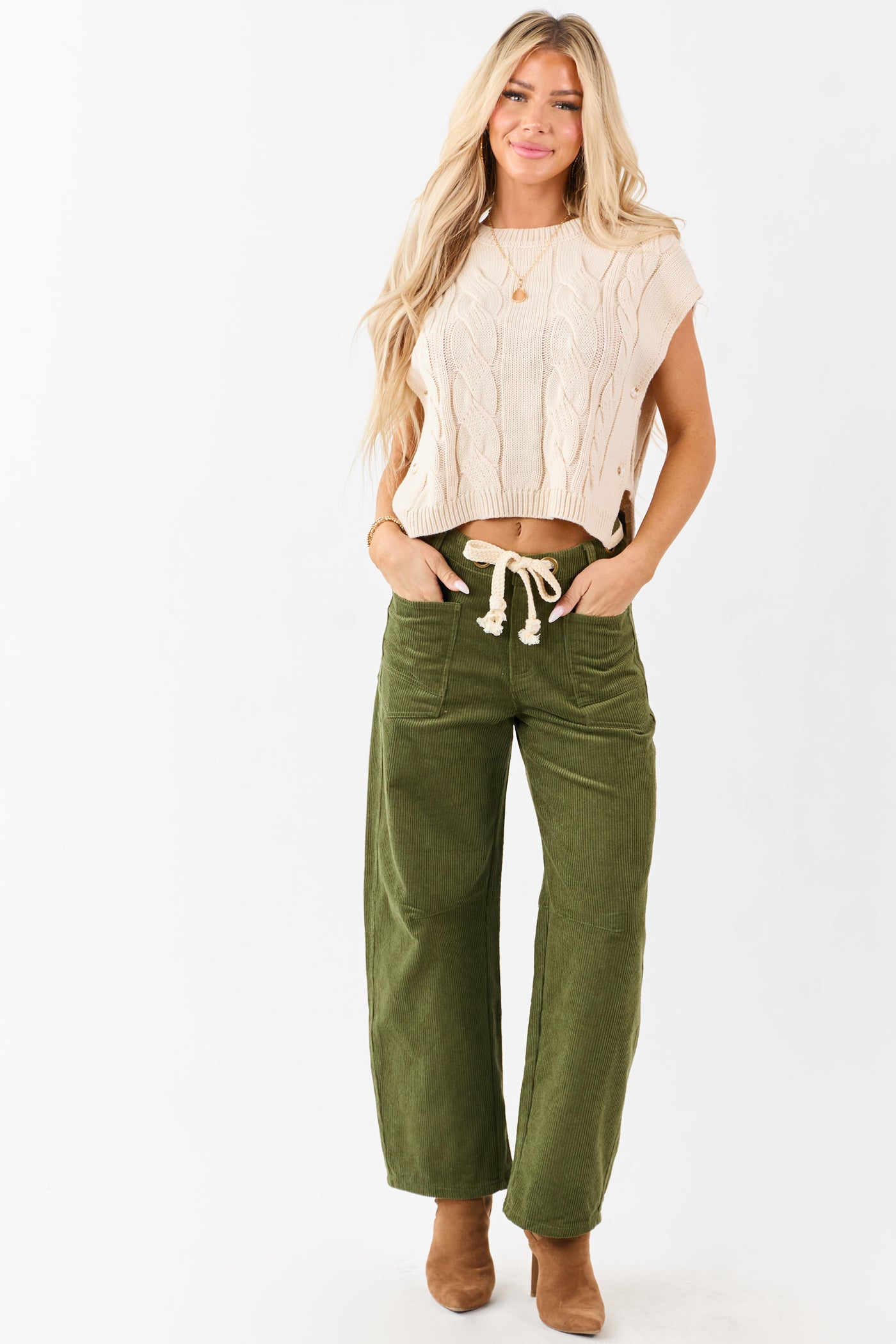 Deep Olive Corduroy Relaxed Wide Leg Waist Tie Pants