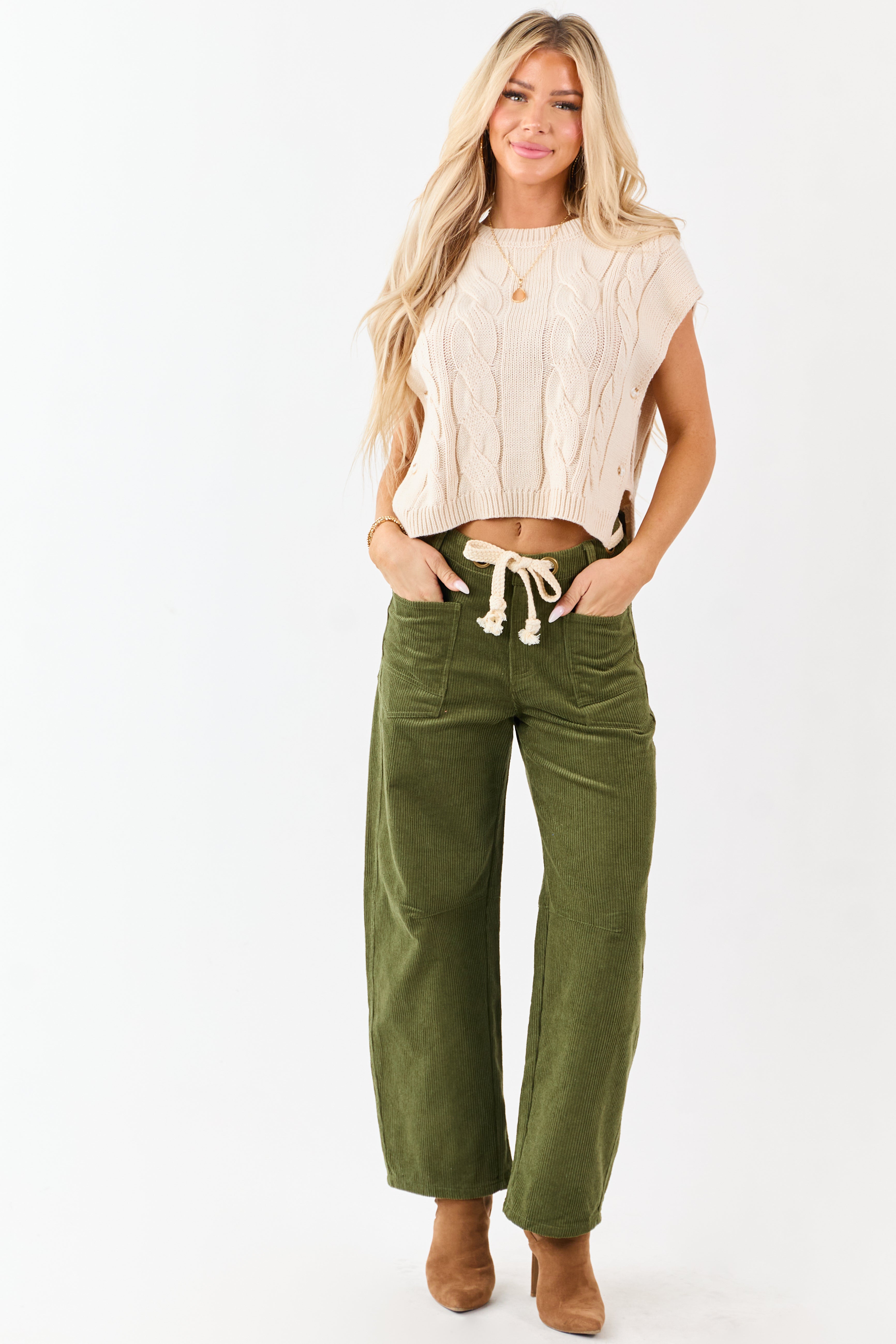 Deep Olive Corduroy Relaxed Wide Leg Waist Tie Pants
