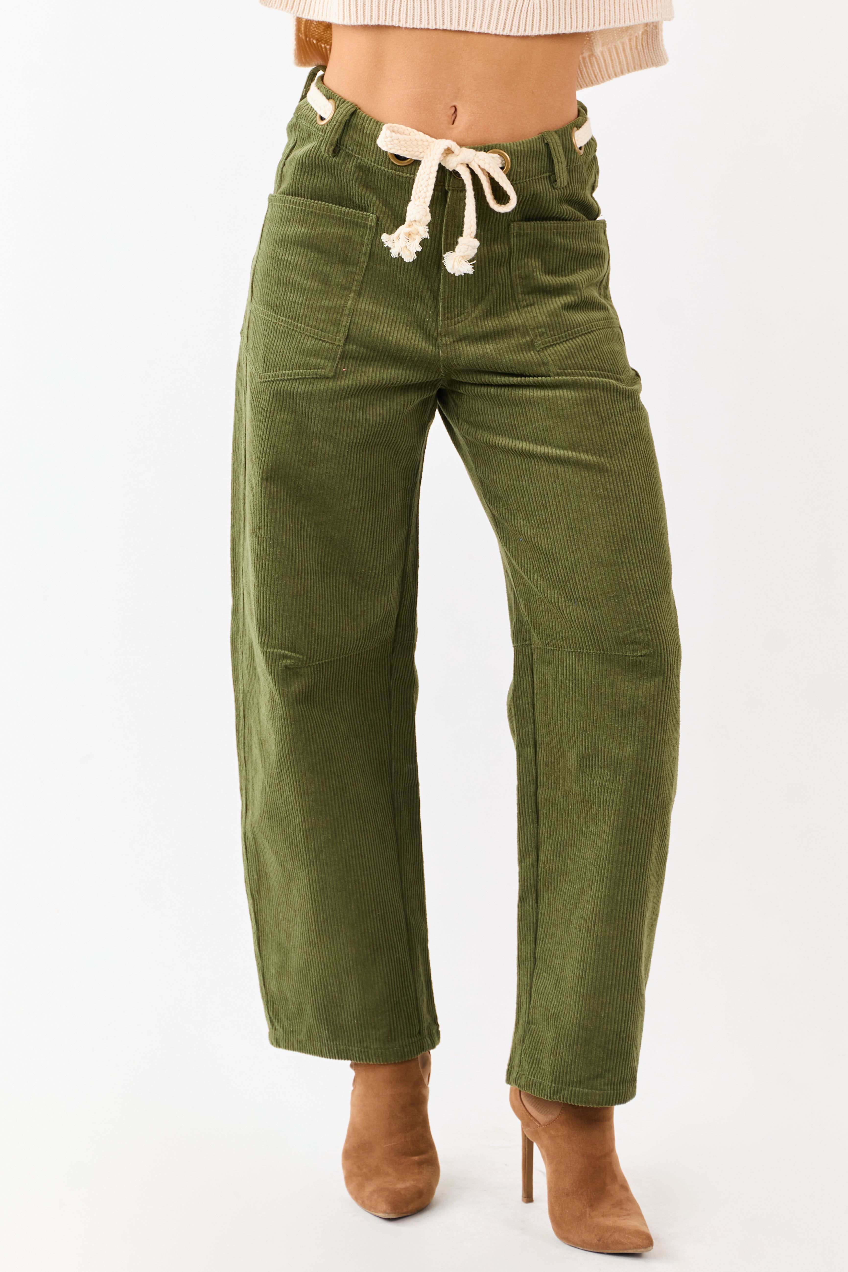 Deep Olive Corduroy Relaxed Wide Leg Waist Tie Pants | Lime Lush